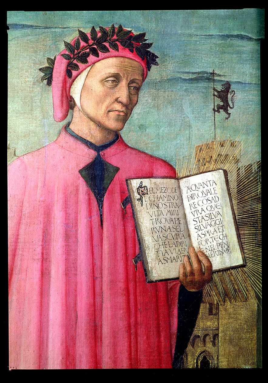 Dante czytający z Boskiej Komedii, fragment Dante Alighieri 1265-1321, 1465 fragment panelu 42355 autorstwa Domenico di Michelino