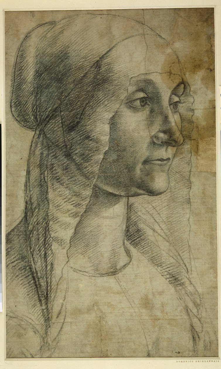 Głowa kobiety w czepku (czarna kreda na białym papierze) autorstwa Domenico Ghirlandaio