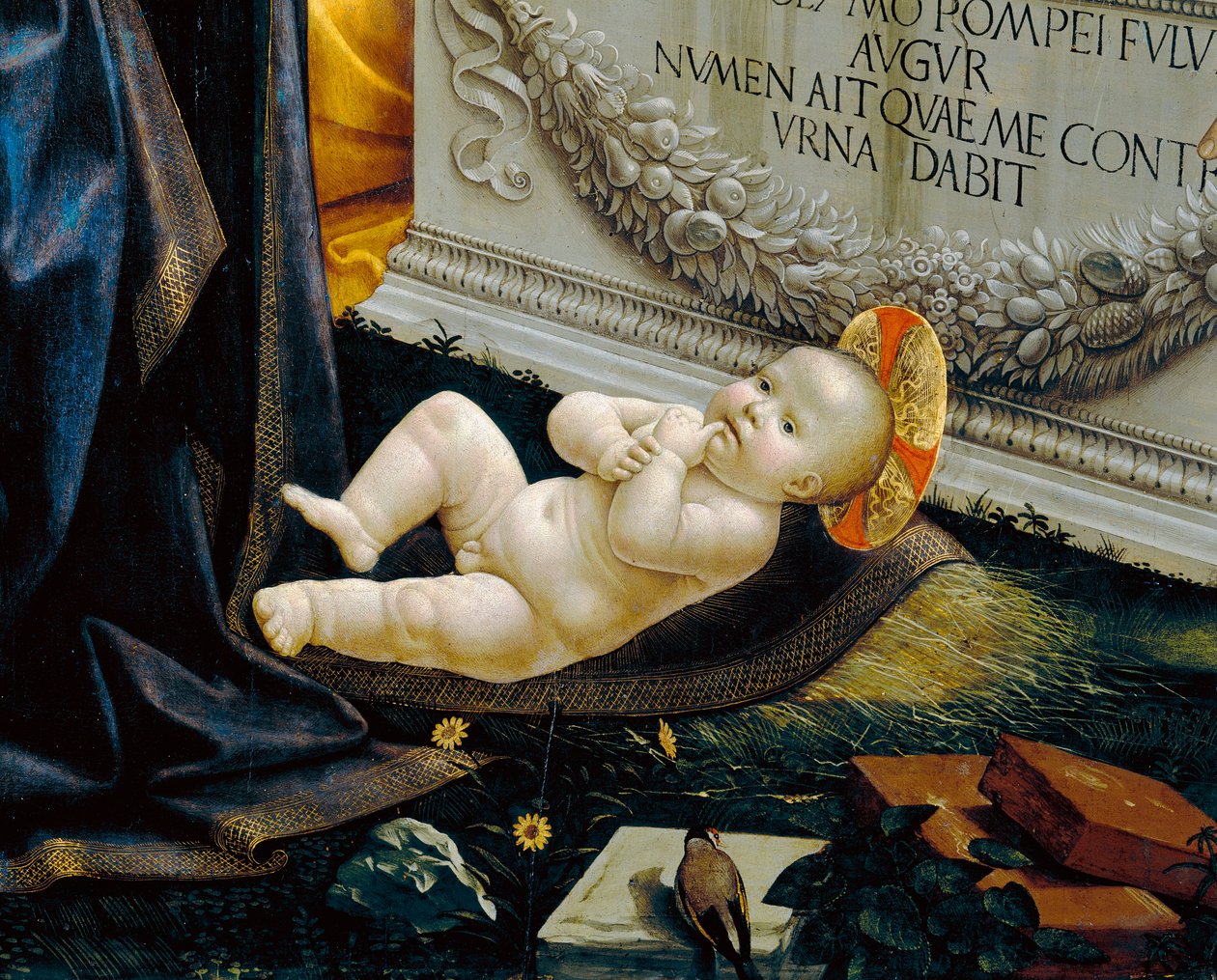 Dzieciątko Chrystus; fragment obrazu przedstawiający Adorację pasterzy autorstwa Domenico Ghirlandaio