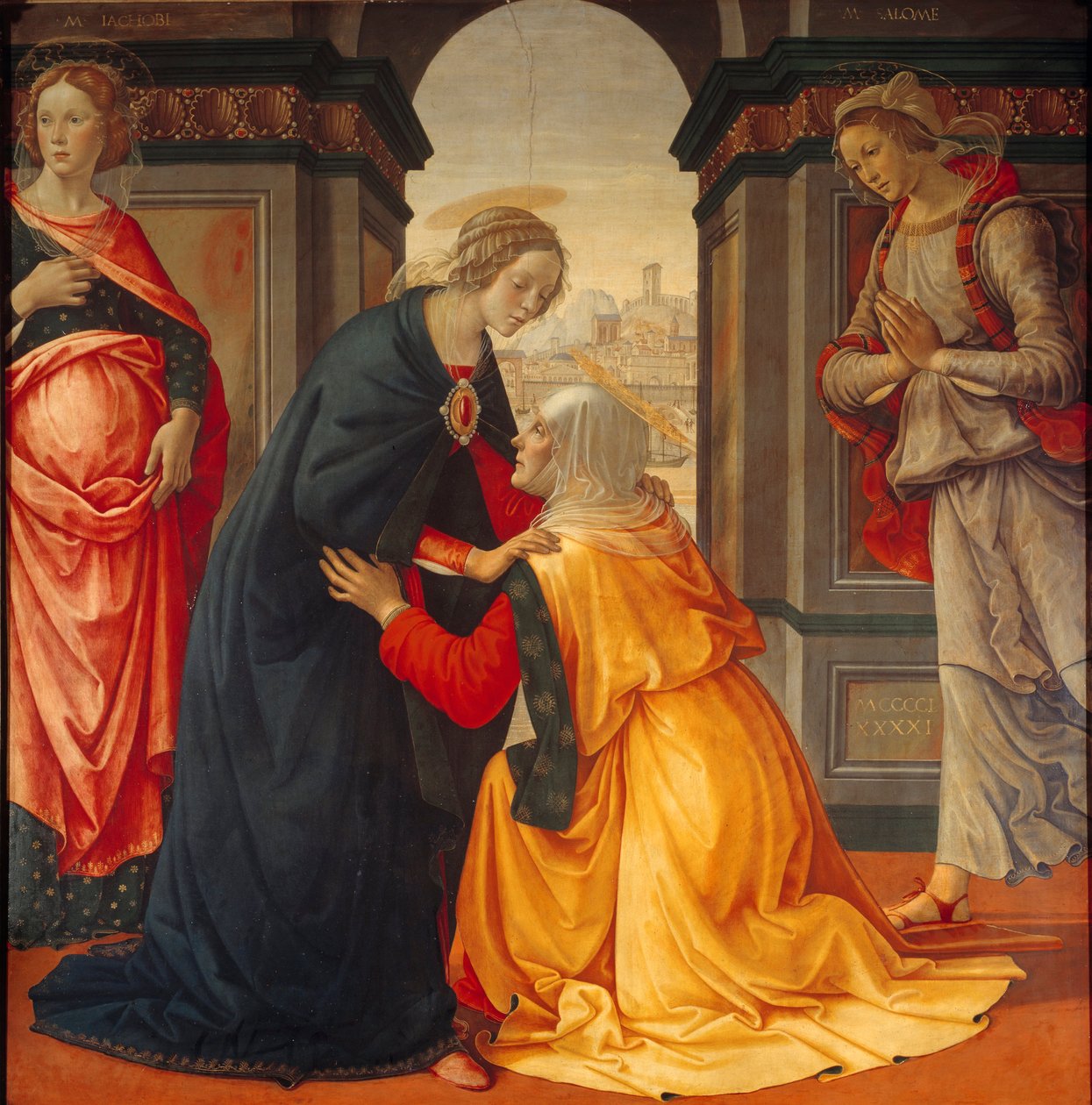Nawiedzenie: Maryja nawiedza Elżbietę, między Marie Jacobie i Marie Salome, świadkami Ukrzyżowania i Zmartwychwstania, obraz Domenico Ghirlandaio (1449-1494) 1491 autorstwa Domenico Ghirlandaio