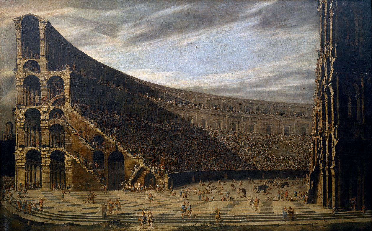 ""Perspektywa rzymskiego amfiteatru" (Perspektywa rzymskiego amfiteatru) Walki na arenie Obraz Domenico Gargiulo (1609-1675) około 1638 Wymiary 220,5x353 cm Museo del Prado, Madryt autorstwa Domenico Gargiulo
