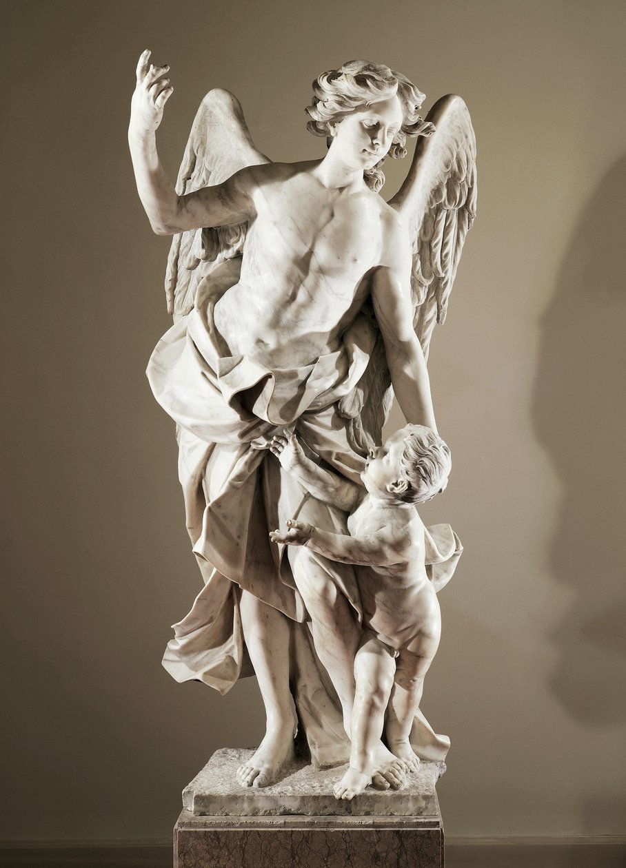 Anioł Stróż, ok. 1724, autorstwa Domenico Antonio Vaccaro (1678-1745), marmurowy posąg, wysokość 190 cm, antyzakrystia bazyliki San Paolo Maggiore, Neapol, Kampania, Włochy autorstwa Domenico Antonio Vaccaro