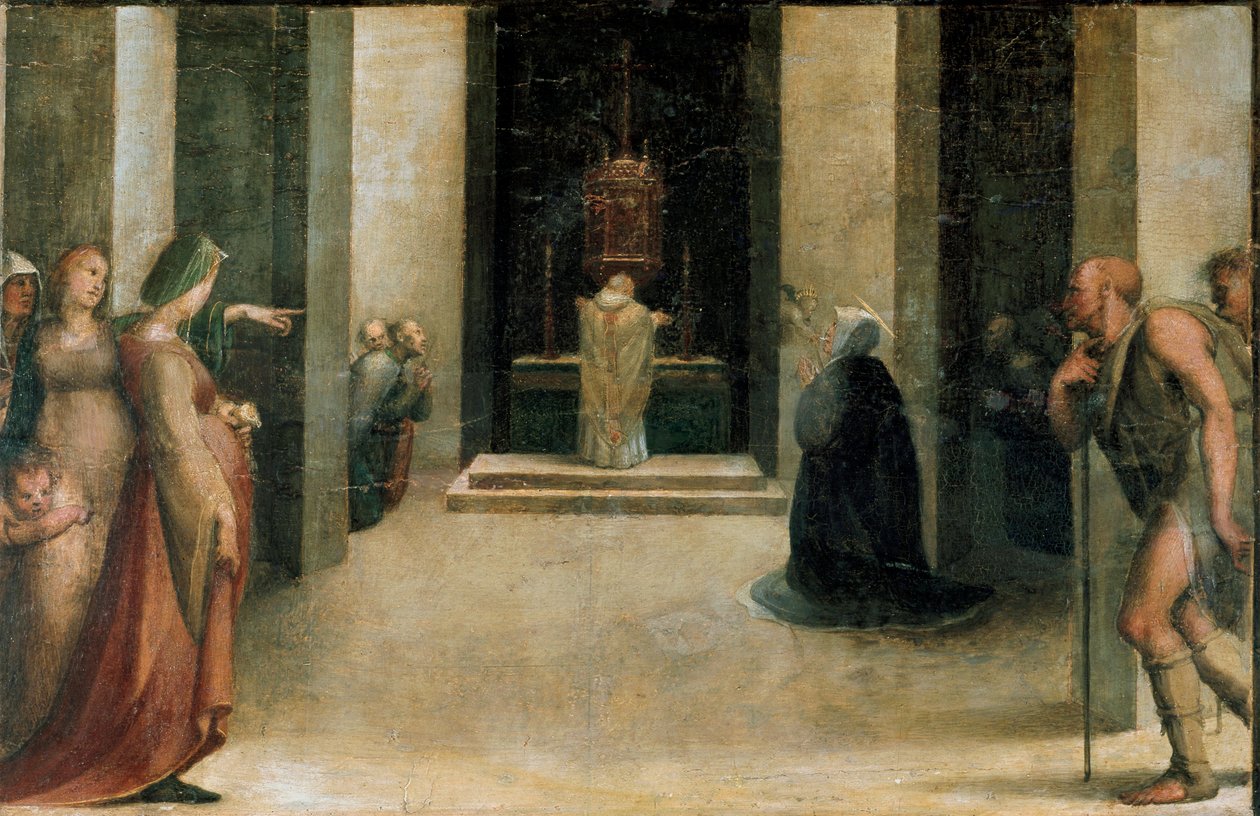 Ołtarz ze stygmatami św. Katarzyny. Szczegół Predelle: Święta Katarzyna ze Sieny odbierająca Eucharystię anioła. Obraz Domenico Beccafumi (1486-1551) autorstwa Domenico Beccafumi
