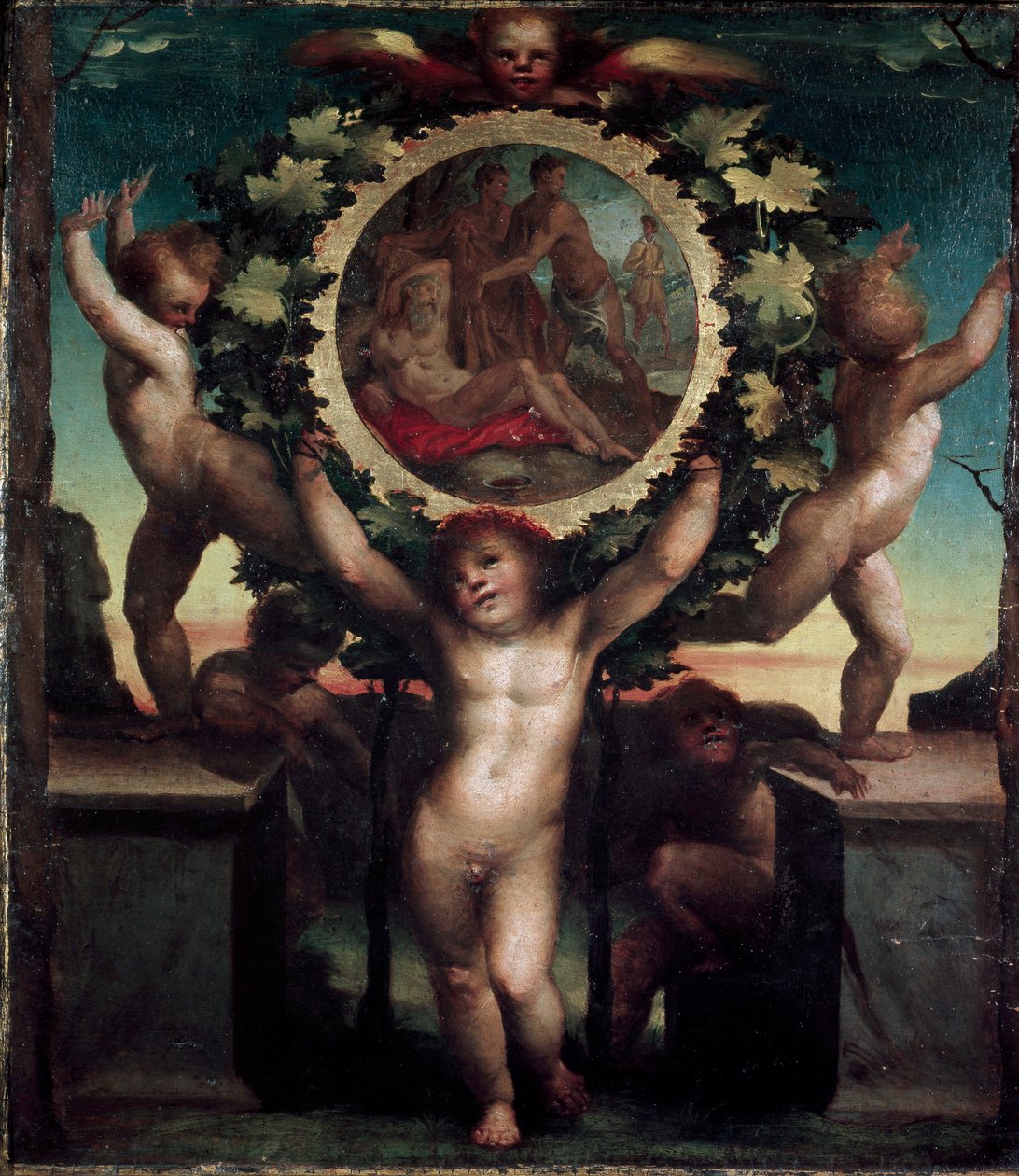 Anioły (Putti) z pijaństwem Noego. Obraz Domenico Beccafumi (1486-1551) autorstwa Domenico Beccafumi