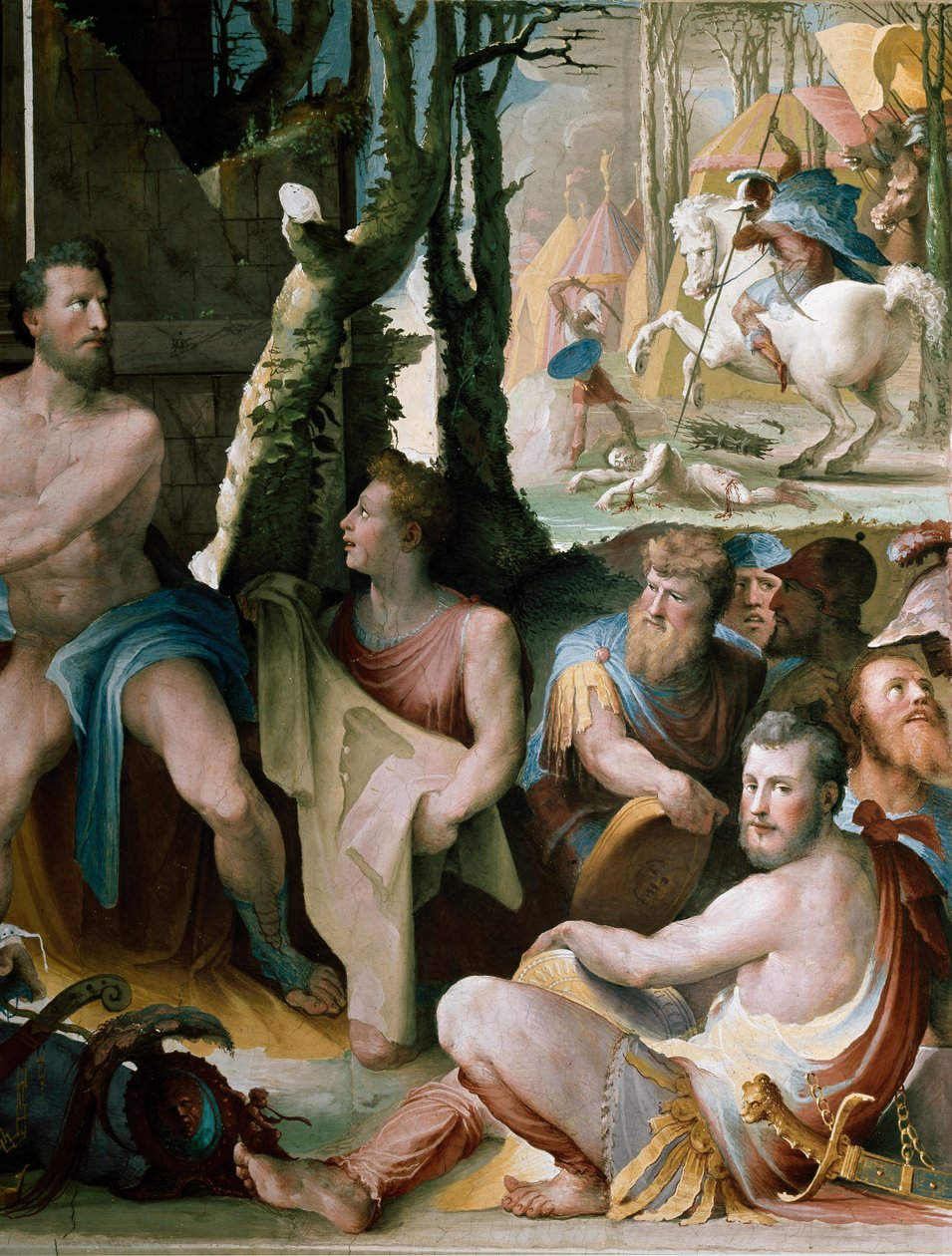 Fryzja: ofiara króla Aten Codros, szczegół. Mitologia grecka: Codros (lub Codrus) dowiaduje się od wyroczni, że przewagę wojny między Dorami i Ateńczykami będą mieli ci, których przywódca zostanie zabity, dobrowolnie pożarty autorstwa Domenico Beccafumi