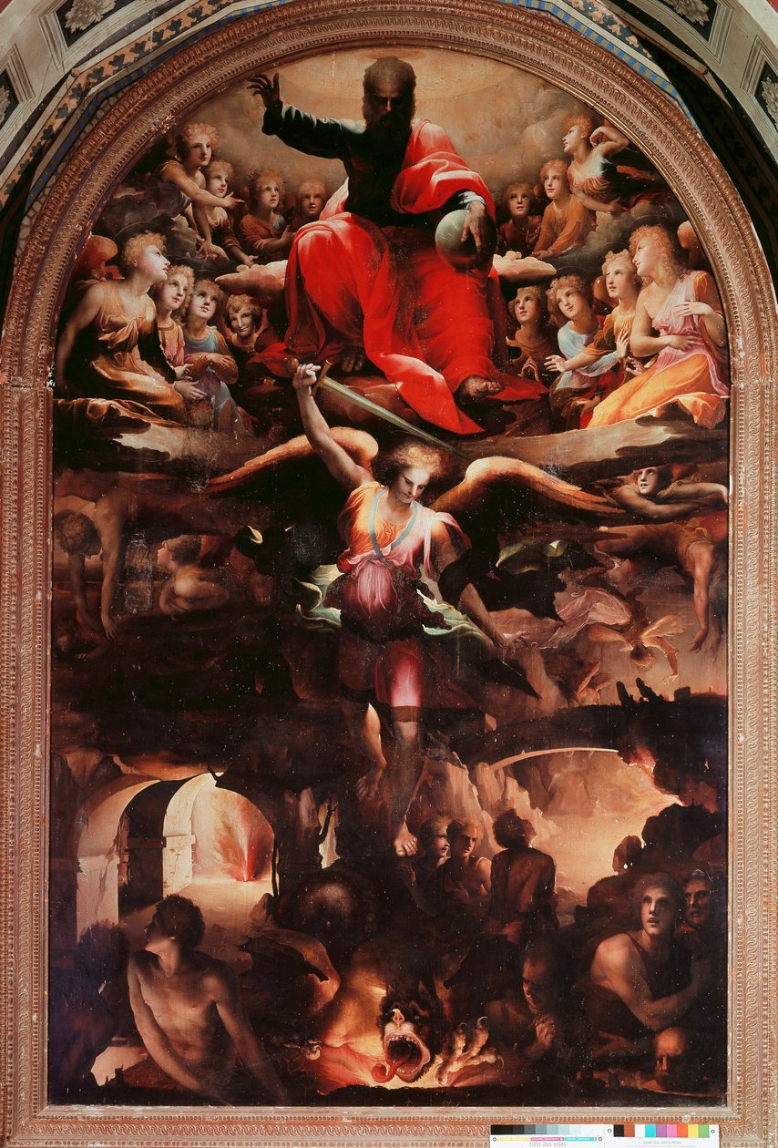 Święty Michał goni aniołów zbuntowanych Obraz Domenico Beccafumi (1486-1551) 1526-1530 ok. Słońce. 348x225 cm. Siena, Chiesa di San Niccolo al Carmine autorstwa Domenico Beccafumi