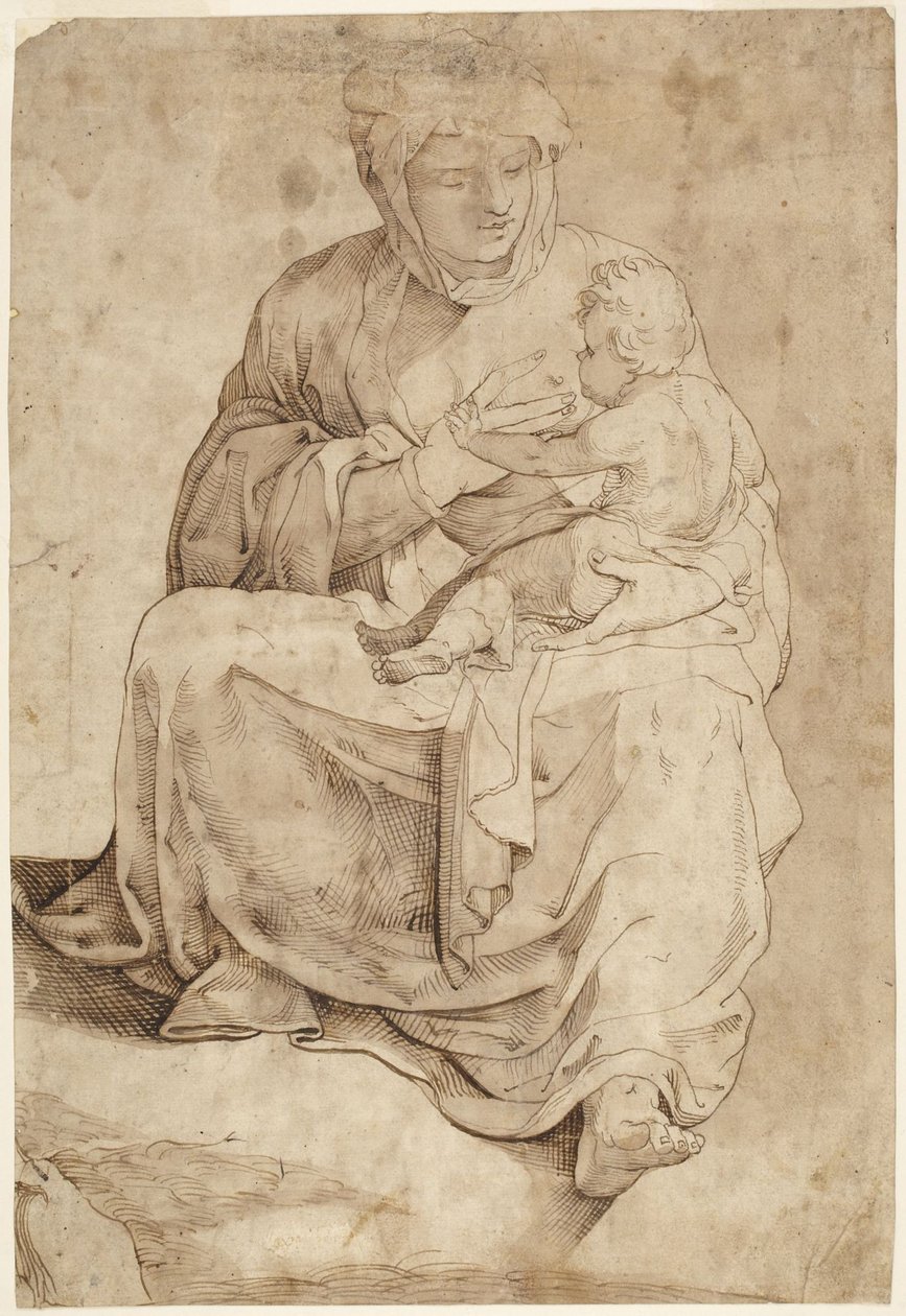 Siedząca Madonna karmiąca Dzieciątko, fragment intarsjowanego panelu podłogowego w katedrze w Sienie autorstwa Domenico Beccafumi