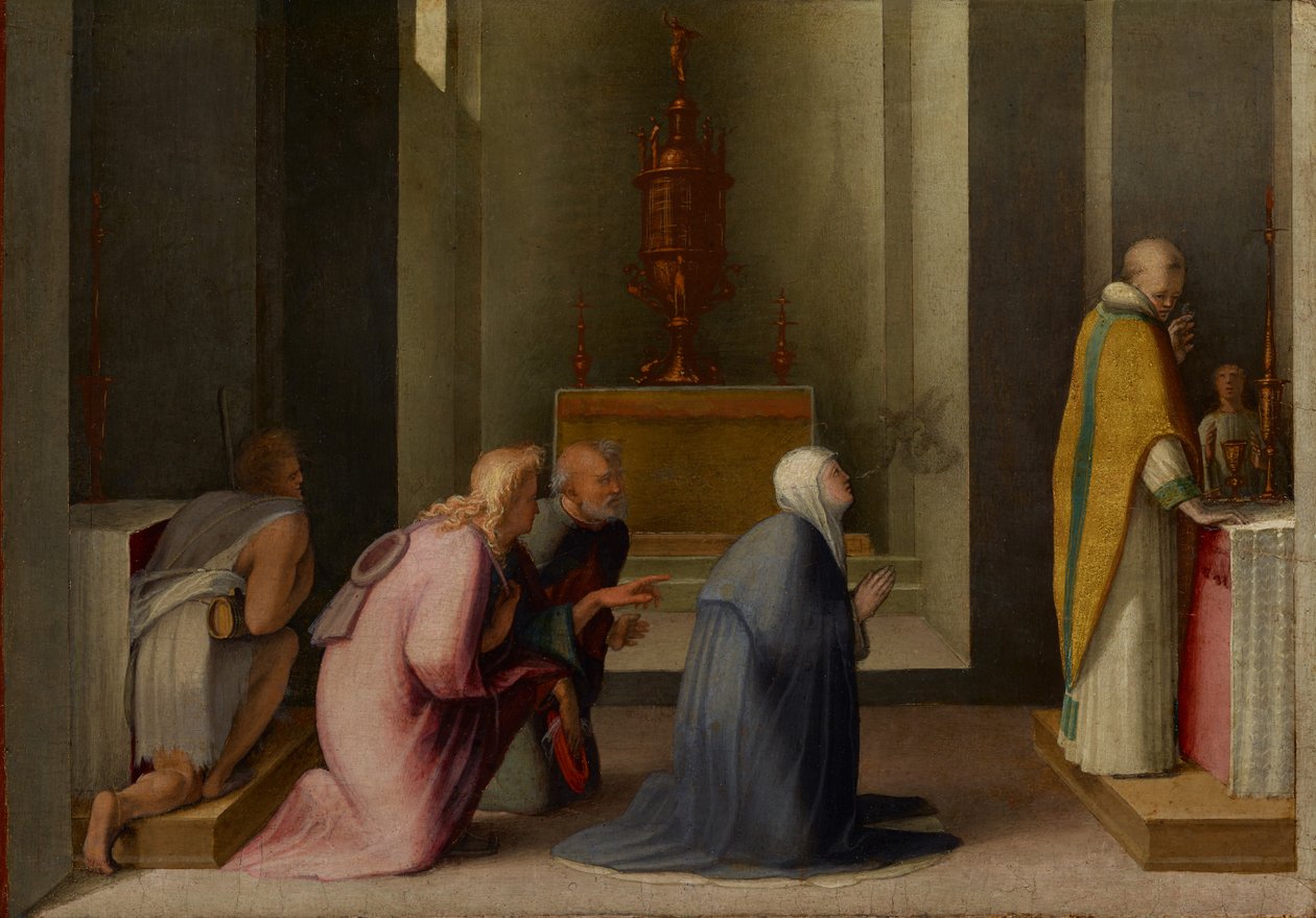 Cudowna Komunia Świętej Katarzyny ze Sieny, ok. 1513-15 (olej i płatki złota na desce) autorstwa Domenico Beccafumi