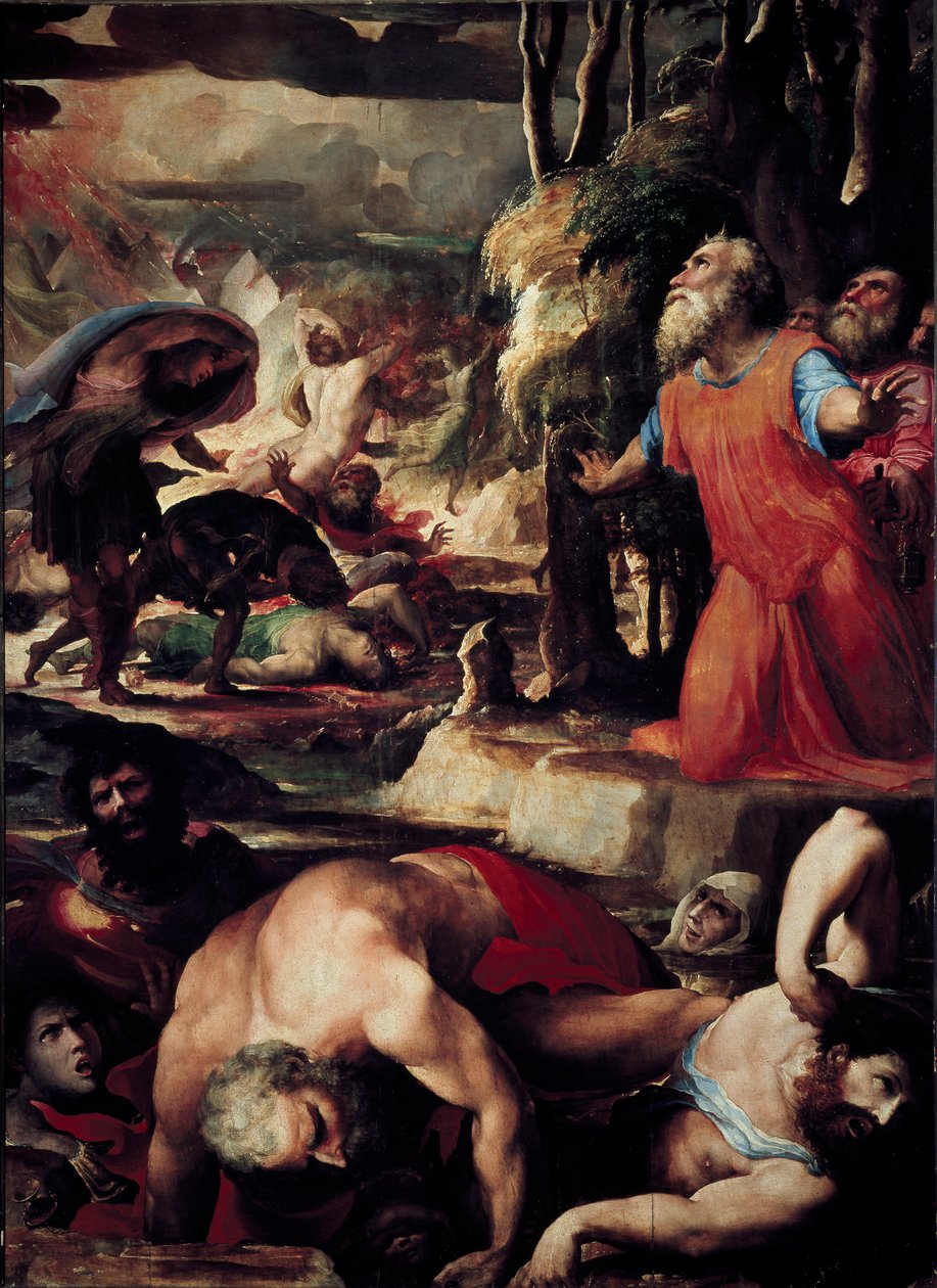 Kara rdzenia (Kore), Datan (Datan, Natan) i Aboron (Abiram) (Kara niebiańskiego ognia, epizod buntu Lewitów przeciwko Mojżeszowi i władzy Prawa). Obraz Domenico Beccafumi (1486-1551) autorstwa Domenico Beccafumi