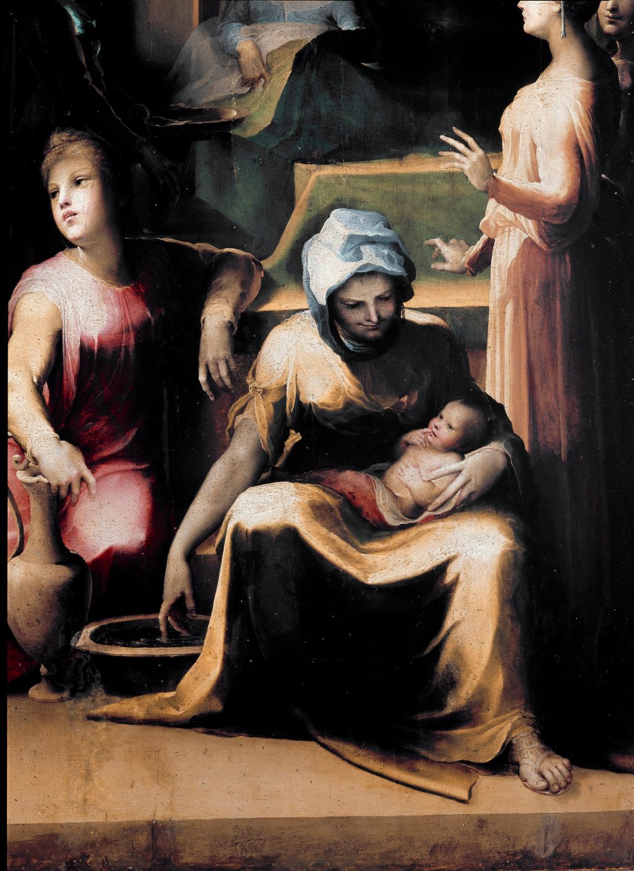 Narodziny Dziewicy. Szczegół przedstawiający pokojówkę w nowej łanie. Obraz Domenico Beccafumi (1486-1551), około 1540-1543. drewno. Wymiary: 233x145cm. Włochy, Siena, Narodowa Pinakoteka (Siena, Pinacoteca Nazionale) autorstwa Domenico Beccafumi