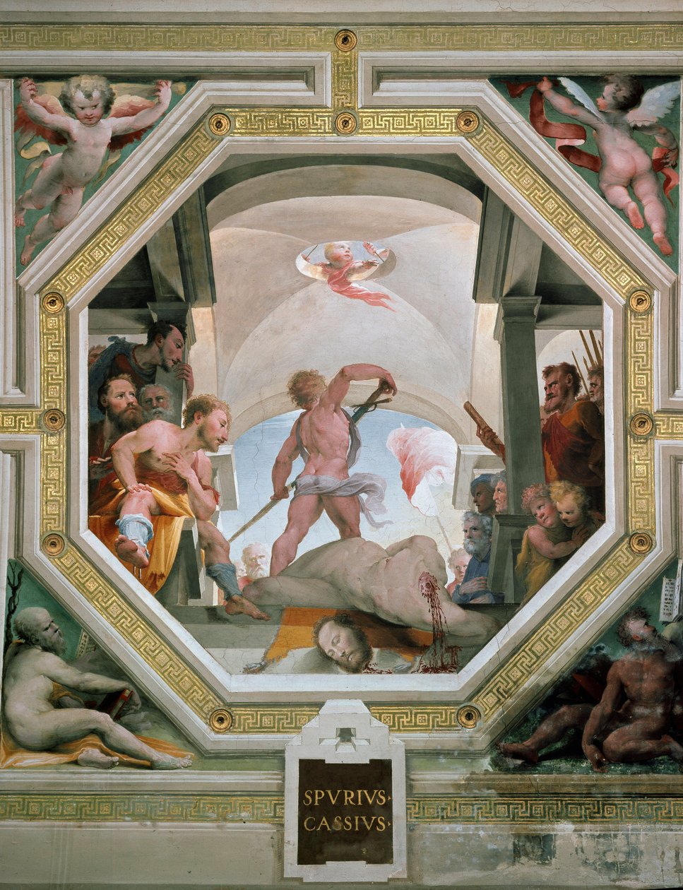 Ścięcie Spuriusa Cassius Vecellinus lub Viscellinus wykonane przez jego ojca za rozważenie zostania królem w 485 pne Fresco Domenico di Giacomo di Pace dit Beccafumi (1486-1551) 1529-1535 Siena (Siena), Palazzo Pubblico autorstwa Domenico Beccafumi