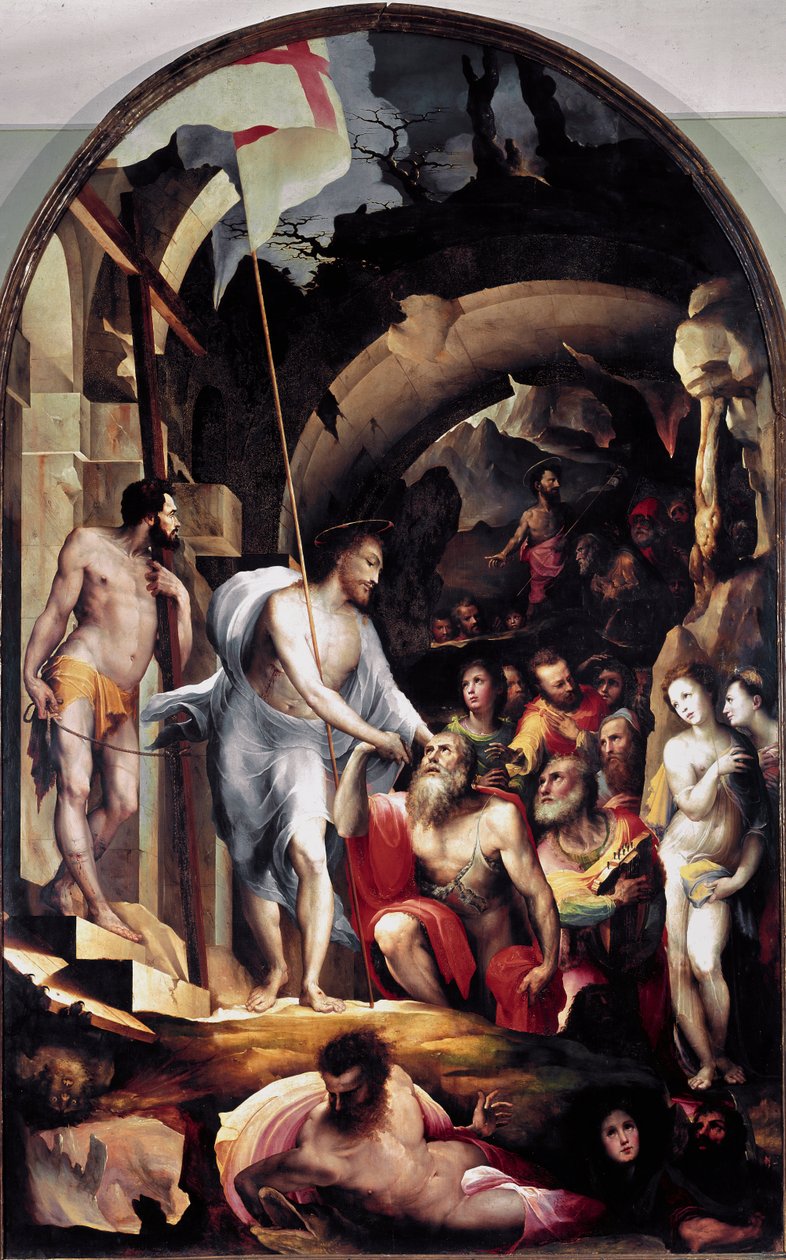 Zejście Chrystusa do otchłani. Trzyma białą chorągiew przebitą czerwonym krzyżem, symbolem Zmartwychwstania. Obraz Domenico Beccafumi (1486-1551) autorstwa Domenico Beccafumi