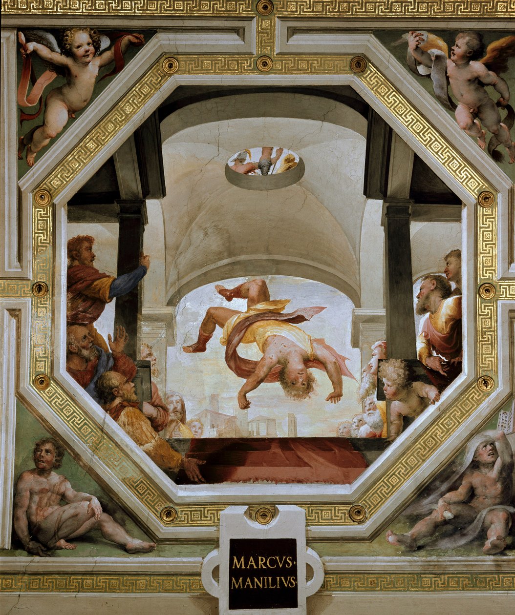 Upadek konsula rzymskiego Marka Manliusa Capitolinusa z Cytadeli Kapitolu podczas inwazji galijskiej w 390 rpne Fresk Domenico di Giacomo di Pace dit Beccafumi (1486-1551) 1529-1530 Siena (Siena), Palazzo Casini Casuccini autorstwa Domenico Beccafumi