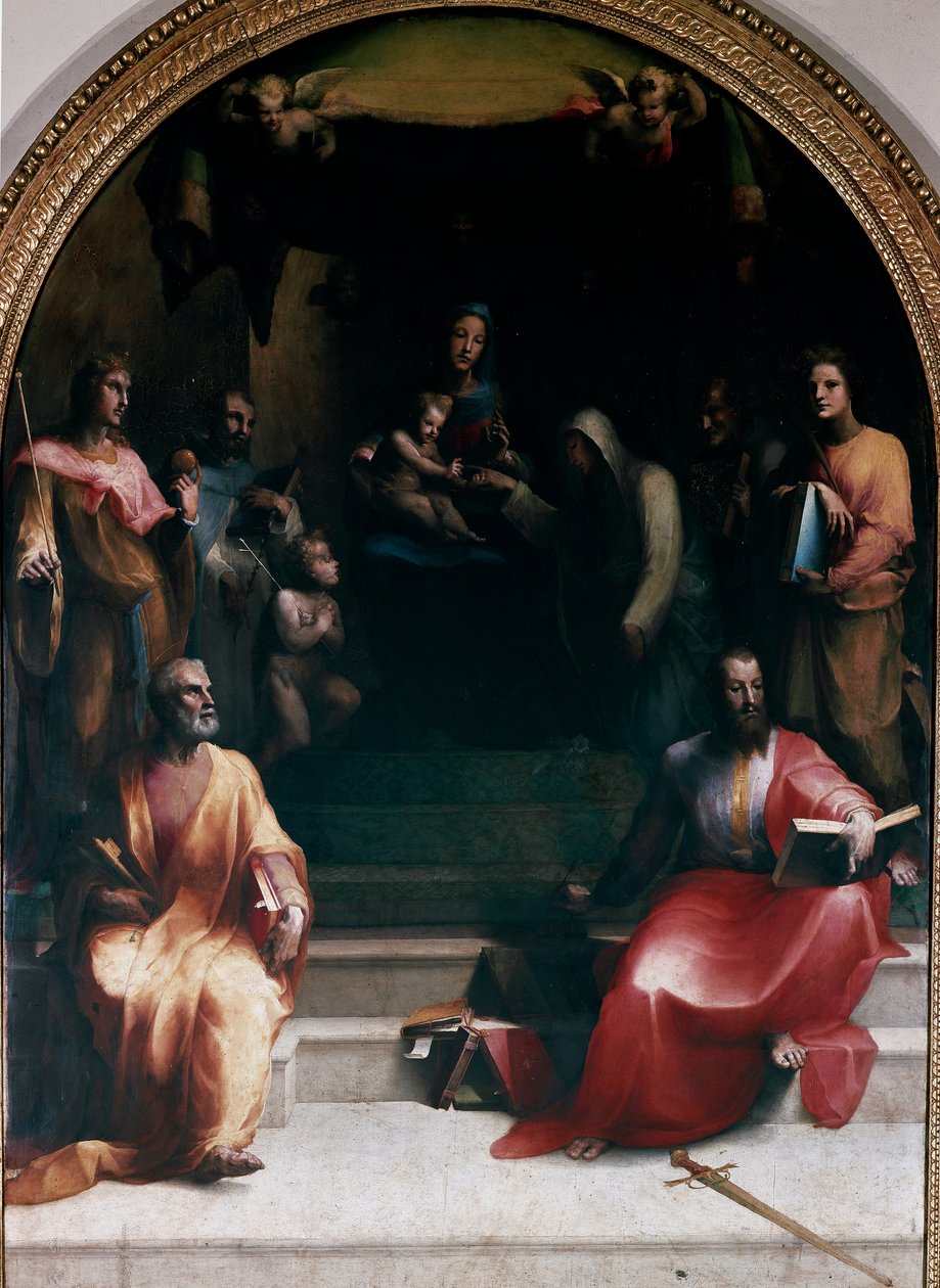 Mistyczne zaślubiny św. Katarzyny ze Sieny i świętych. Reprezentowani są: św. Piotr, św. Zygmunt, św. Bernardino ze Sieny (Bernardino da Siena lub Bernardino degli Albizzeschi), św. Dominik Guzman, św. Katarzyna Aleksandryjska, św. Paweł autorstwa Domenico Beccafumi