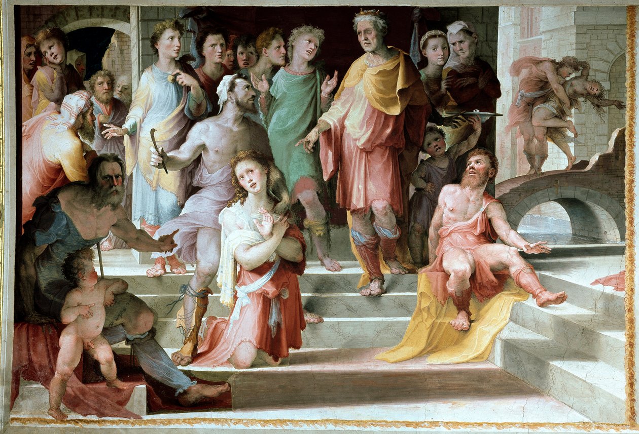 Ofiara Seleucos de Locres (Seleucus de Locride) Seleucos, aby oślepić swojego syna, aby ukarać go za popełniony przez niego gwałt, woli umrzeć jednym z jego oczu. Fresk Domenico di Giacomo di Pace dit Beccafumi (1486-1551) 1529-1535 Siena, Pala autorstwa Domenico Beccafumi