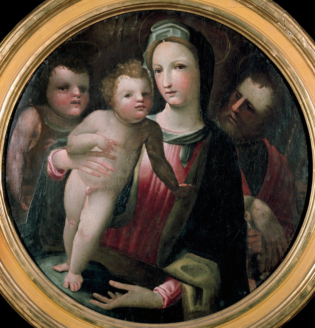 Tondo Świętej Rodziny z dzieckiem św. Jana Chrzciciela. Obraz przypisywany Domenico Beccafumi (1486-1551). Drewno. Średnica: 60 cm. Siena, Collezione Chigi-Saracini autorstwa Domenico Beccafumi