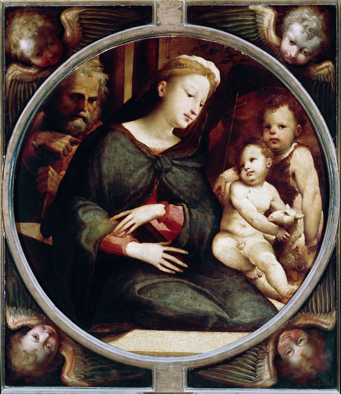 Tondo otacza anioły Świętą Rodziną z dzieckiem św. Jana Chrzciciela. Obraz Domenico Beccafumi (1486-1551), około 1521-1522. drewno. Średnica: 88 cm. Włochy, Florencja, Pałac Pitti, Galeria Palatyn. Firenze, Palazzo Pitti, Galleria Palatina autorstwa Domenico Beccafumi