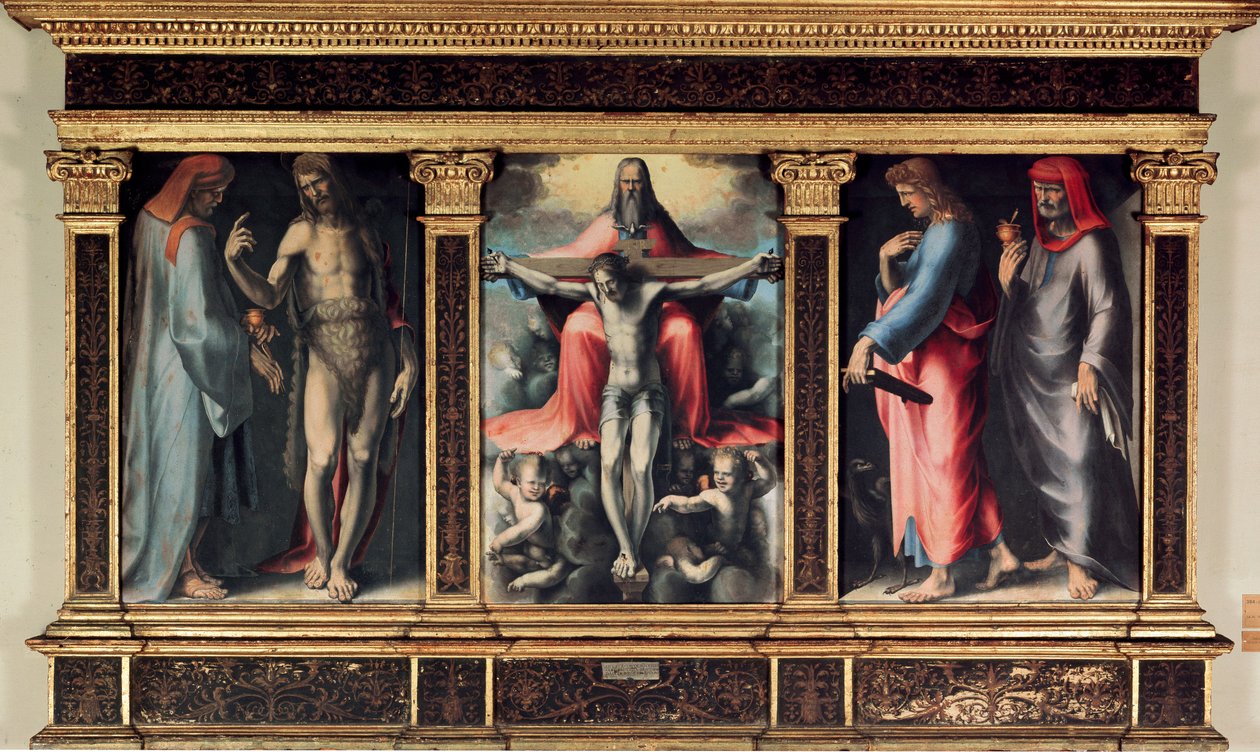 Tryptyk Trójcy Świętej: Św. Cosimo (Przyjdź lub Cosimo), Św. Jan Chrzciciel, Trójca Święta, Św. Jan Ewangelista i Św. Damien. Wstawka „”INRI”” na krzyżu. Obraz Domenico Beccafumi (1486-1551) autorstwa Domenico Beccafumi