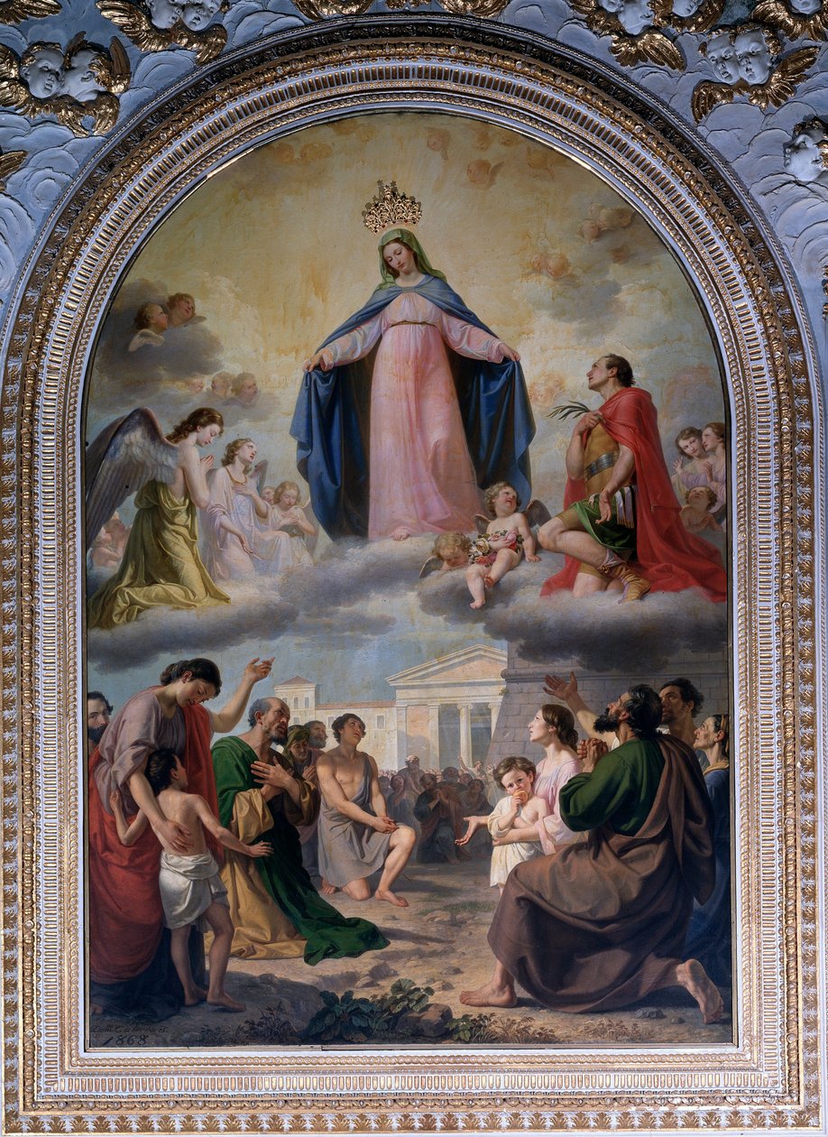Matki Bożej Raccomandati. Dziewica (z podniesioną koroną) Ochrona ludności w potrzebie (olej na płótnie) autorstwa Domenico Caldara