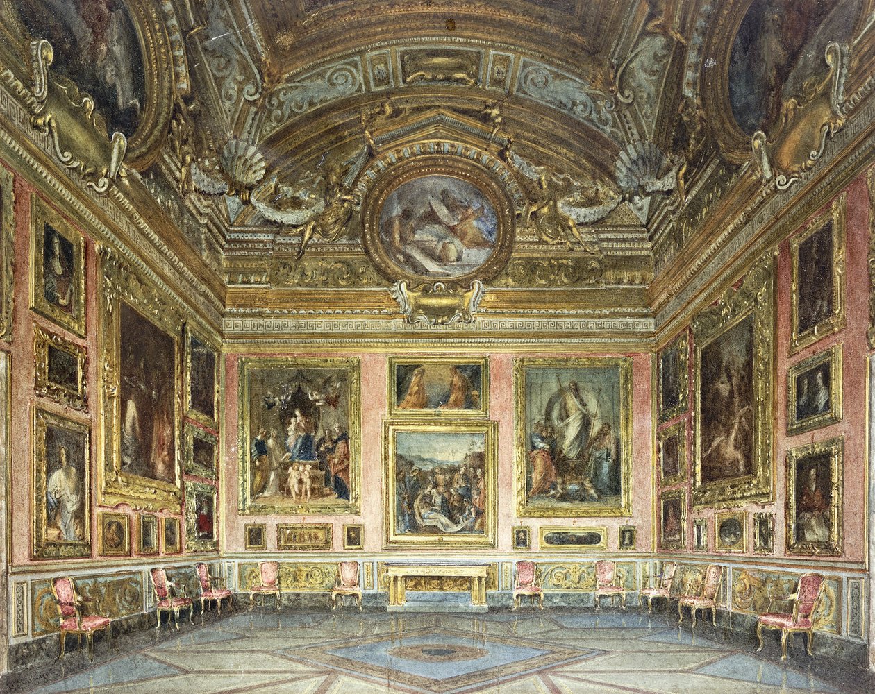 Wnętrza Palazzo Pitti, Florencja: Sala di Saturno z „Lamentacją” Perugino otoczoną obrazami Fra Bartolommeo i Rafaela, 1871 autorstwa Domenico Caligo