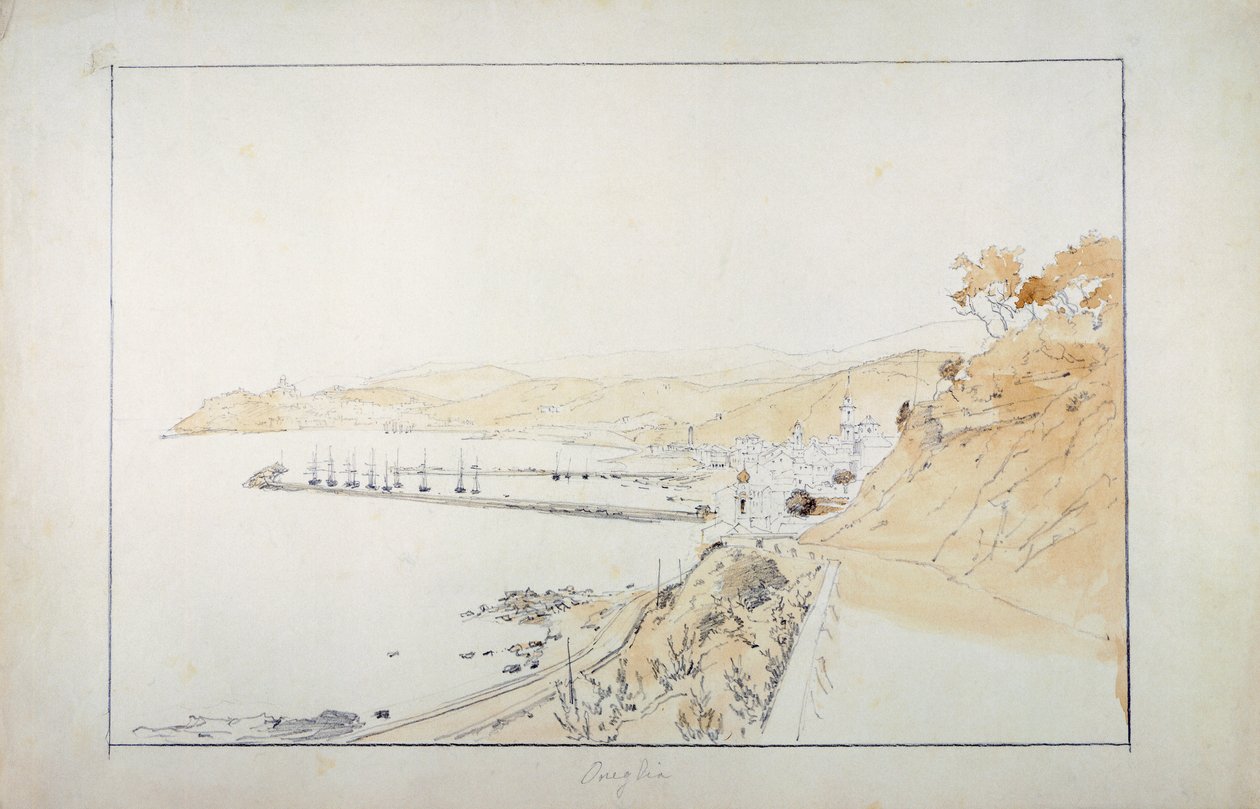 Porto Maurizio widziane z Oneglii, około 1859 r., Autor: Pasquale Domenico Cambiaso (1811-1894), Włochy Ołówek i akwarela. autorstwa Domenico Cambiaso