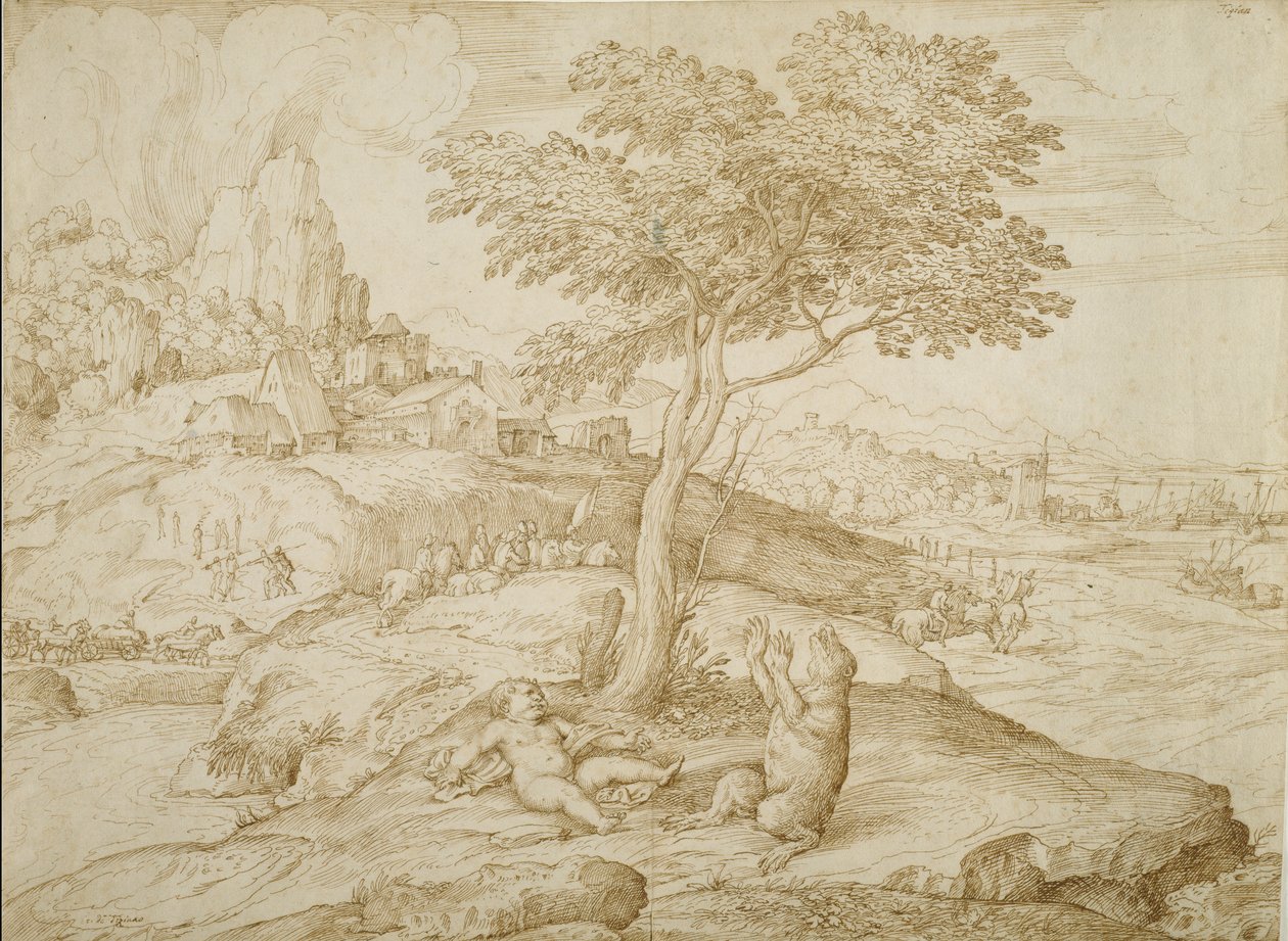 Przekształcenie Callistosa w niedźwiedzia po urodzeniu Arcasa, ok. 1558 (długopis i brązowy tusz na kremowym papierze) autorstwa Domenico Campagnola