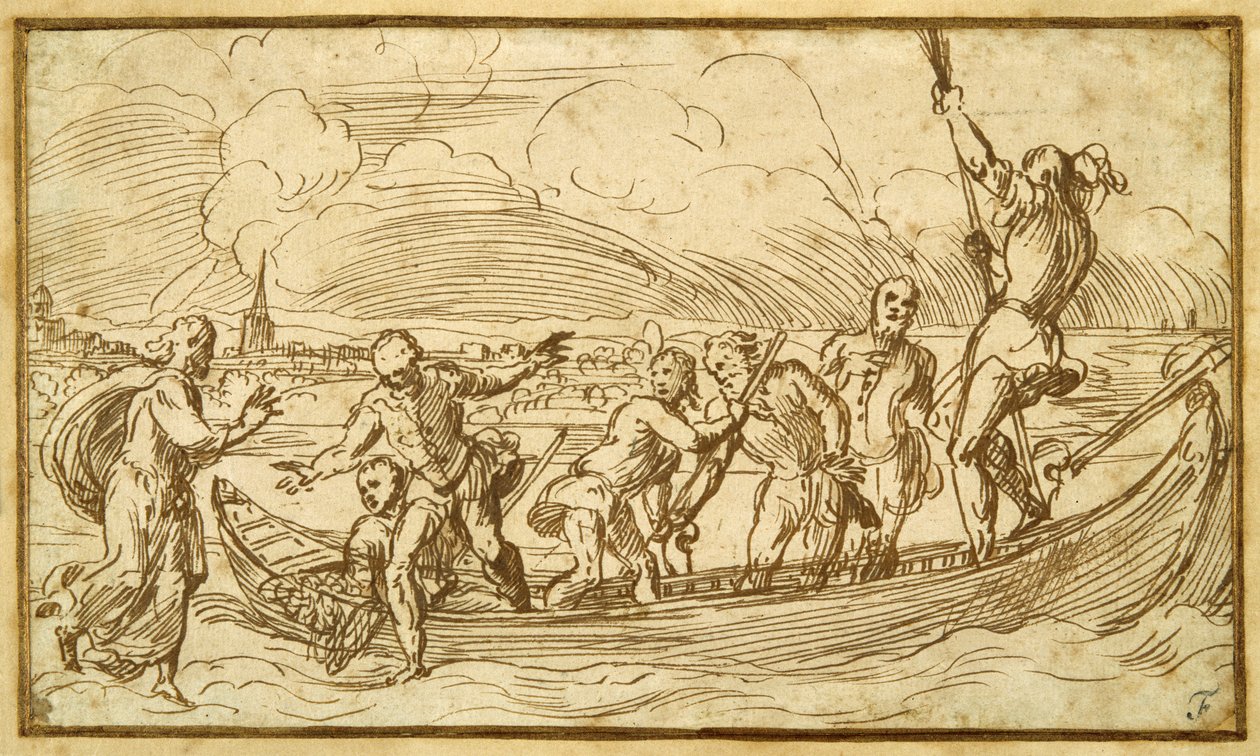 Chrystus i św. Piotr chodzą po wodzie (pióro i brązowy atrament na papierze) autorstwa Domenico Campagnola