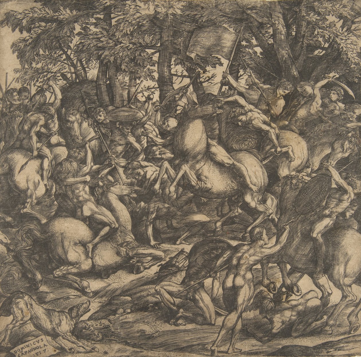 Grupa nagich mężczyzn walczących w zalesionym krajobrazie, niektórzy na koniach, pies w lo..., 1517. autorstwa Domenico Campagnola