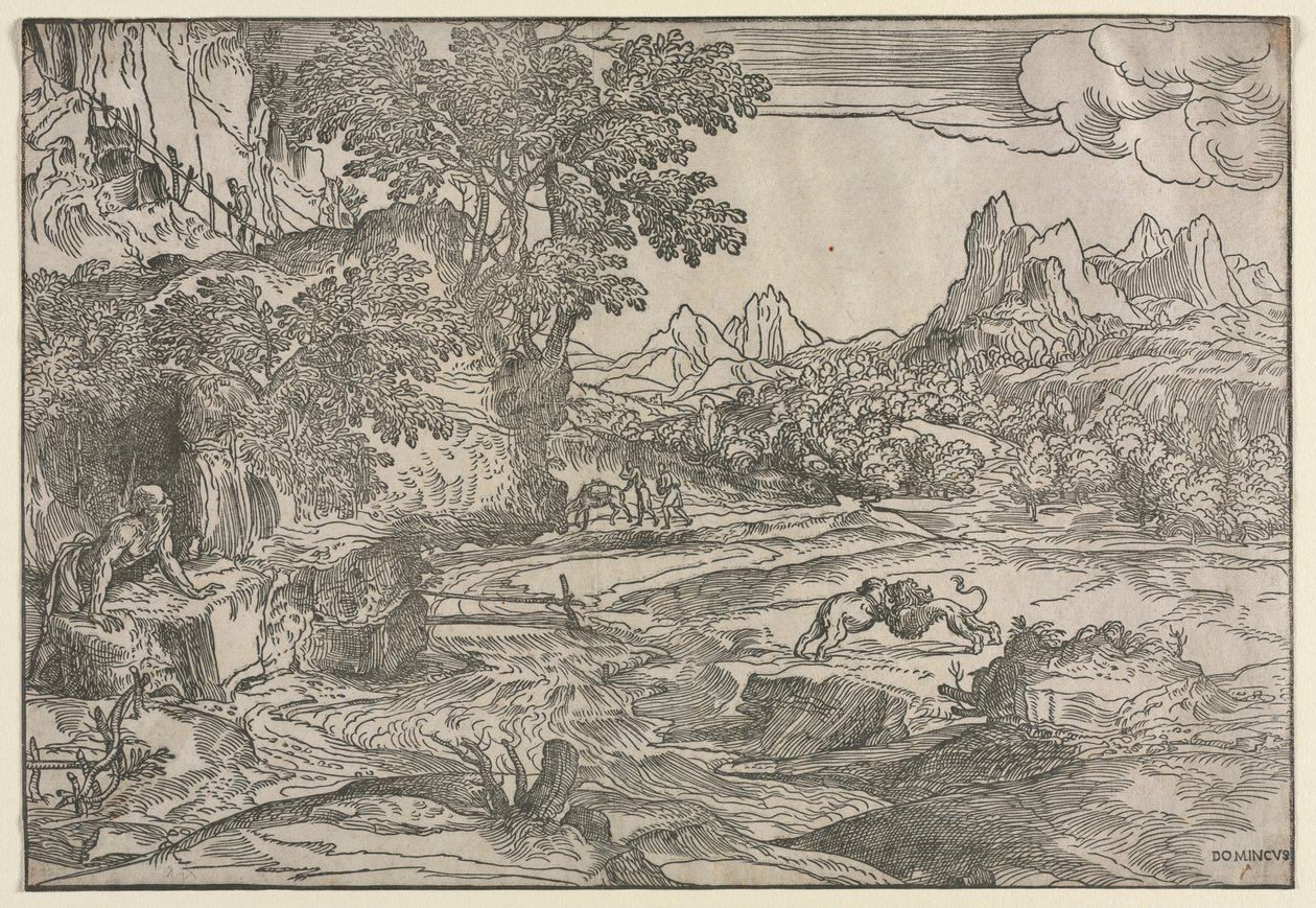Pejzaż ze św. Hieronima i dwoma lwami, c. 1530-35. autorstwa Domenico Campagnola