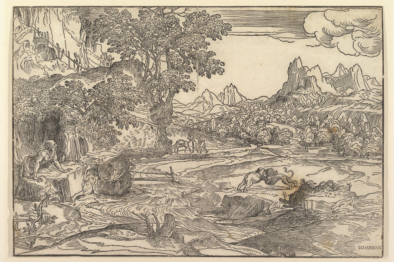 Pejzaż ze św. Hieronima po lewej stronie w kierunku lwa i niedźwiedzia walczących w cent..., ok. godz. 1530-35. autorstwa Domenico Campagnola