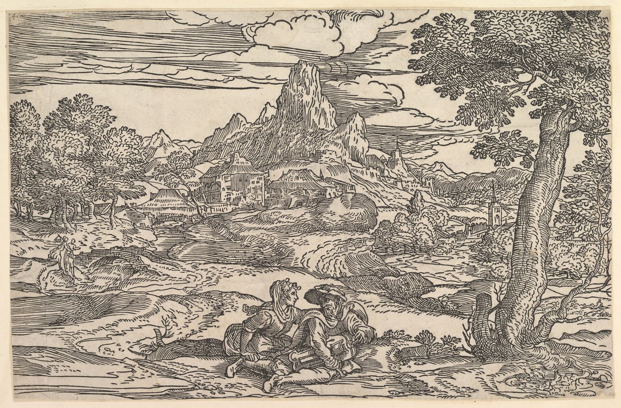 Krajobraz z kobietą siedzącą obok mężczyzny grającego na lirze korbowej, ca. 1540. autorstwa Domenico Campagnola