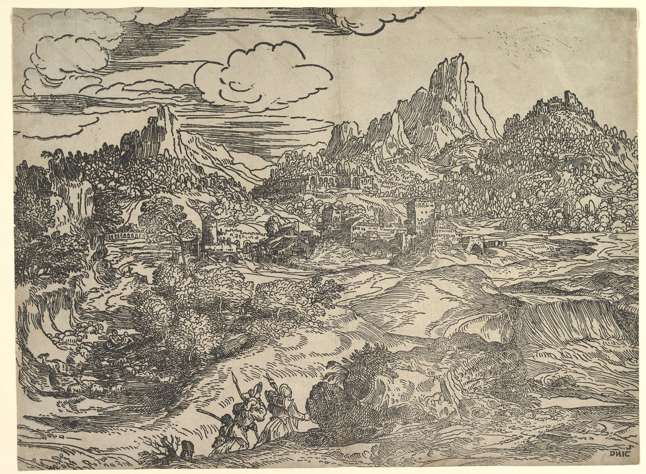Na pierwszym planie pejzaż z rodziną idącą razem, po lewej dwie postacie z ..., ca. 1535-40. autorstwa Domenico Campagnola