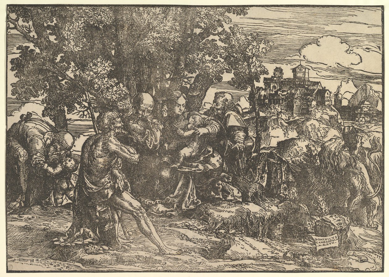 Maria siedząca pod drzewami z dzieckiem, otoczona przez Józefa po lewej i św. Hieronima po prawej, św..., 1517. autorstwa Domenico Campagnola