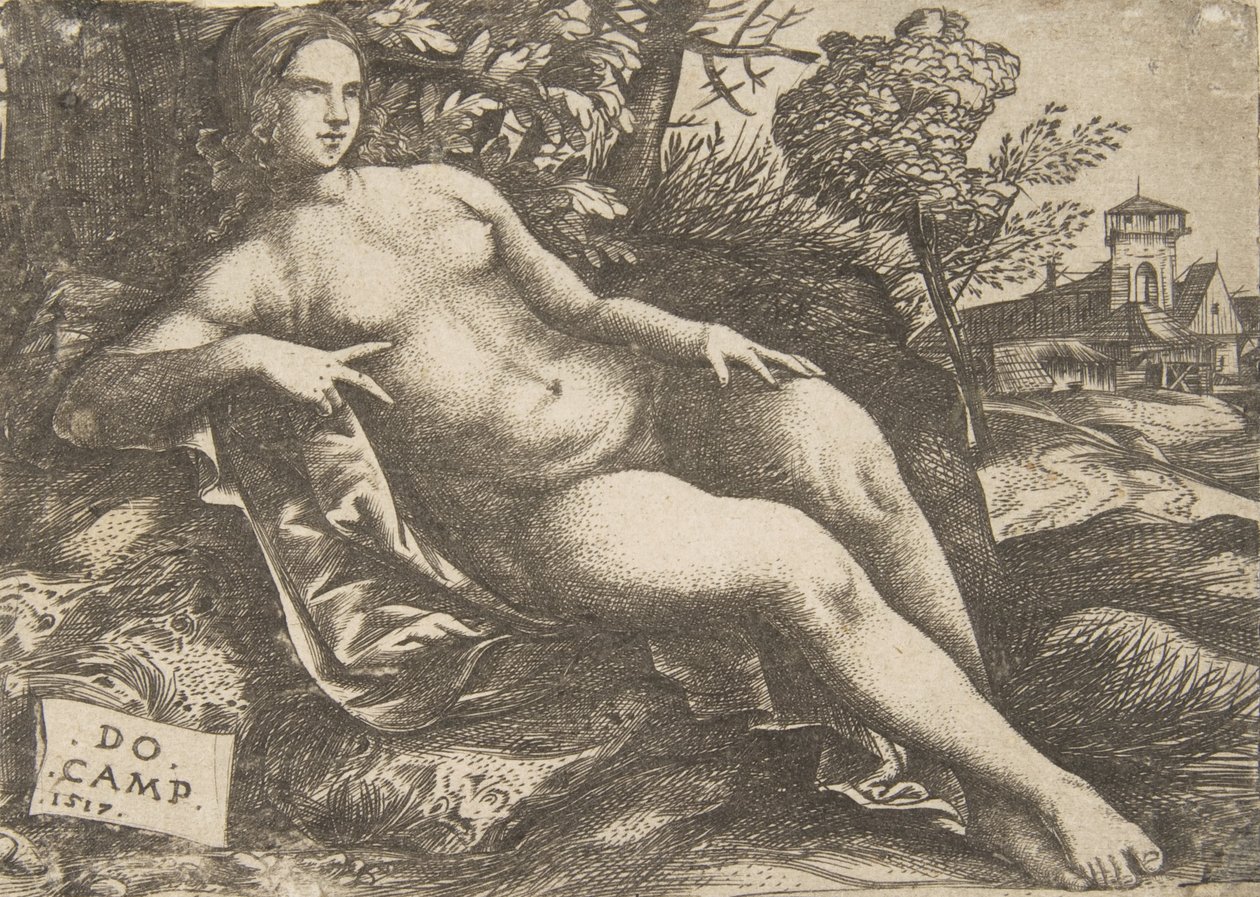 Naga kobieta Wenus leżąca w krajobrazie, 1517. autorstwa Domenico Campagnola