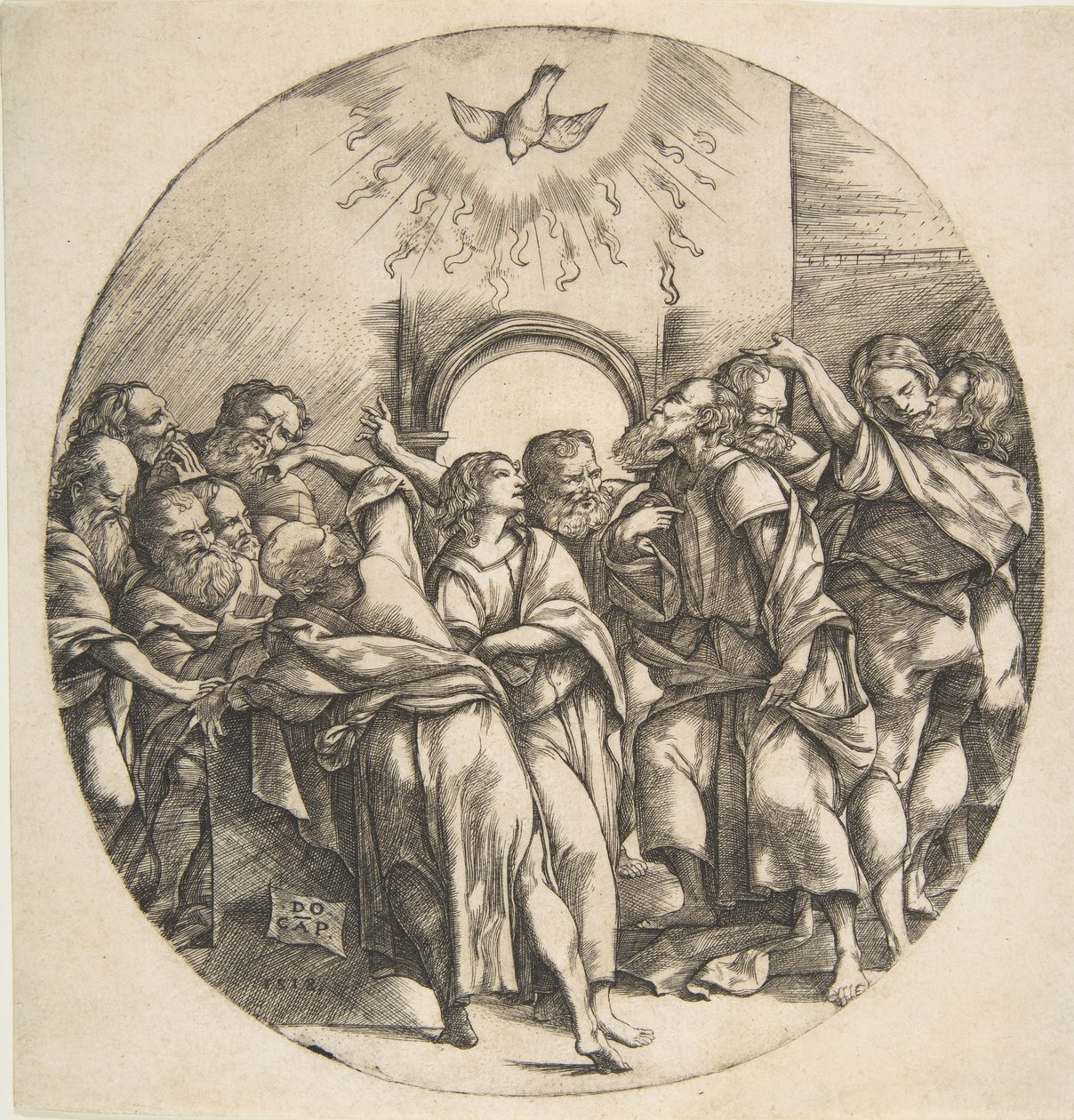 Duch Święty jako ptak zstępujący z rozpostartymi skrzydłami pośrodku, dwunastu Apostołów..., 1518. autorstwa Domenico Campagnola