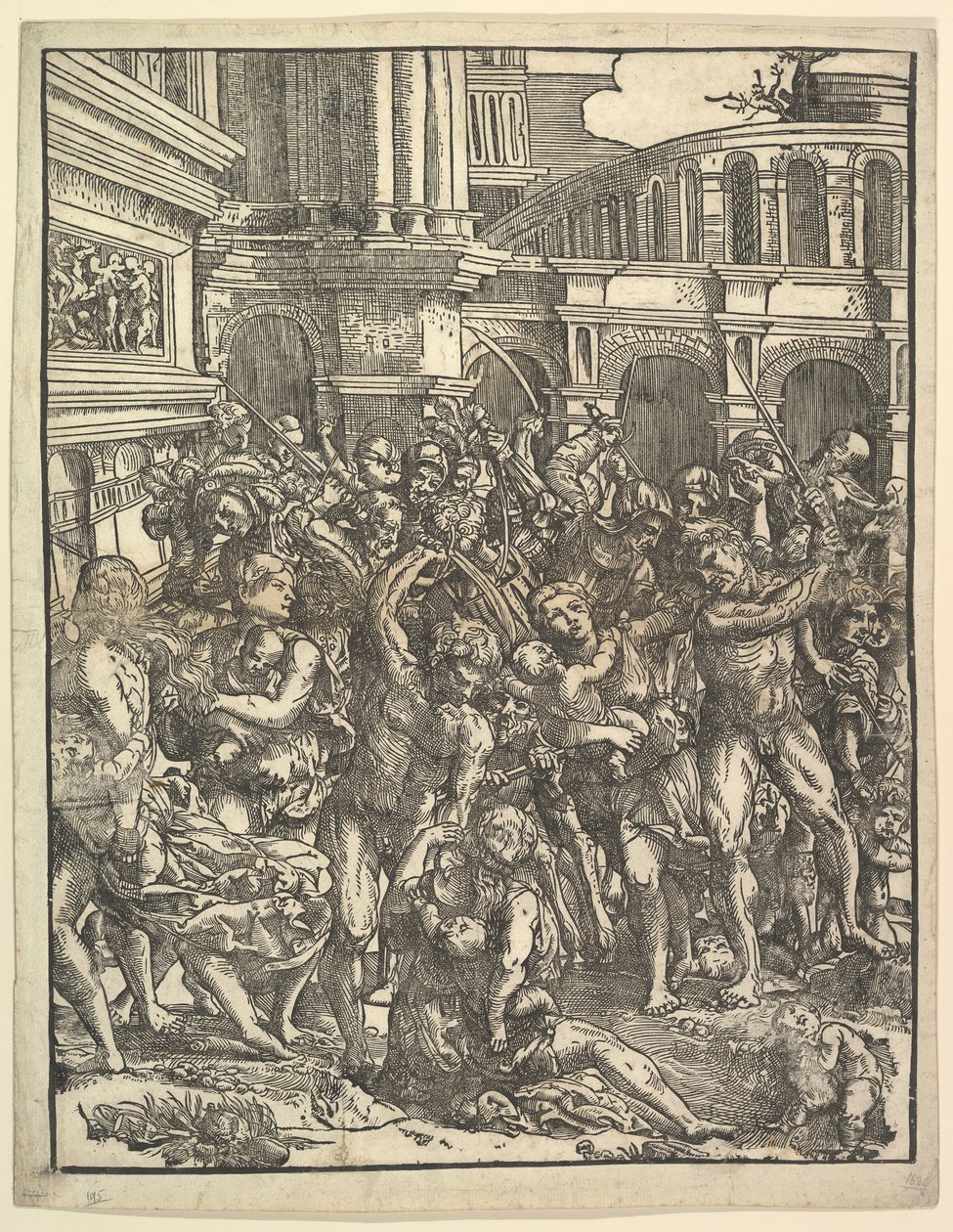 Rzeź Niewiniątek Prawa strona z grupą męskich postaci atakujących kobiety i..., 1517. autorstwa Domenico Campagnola