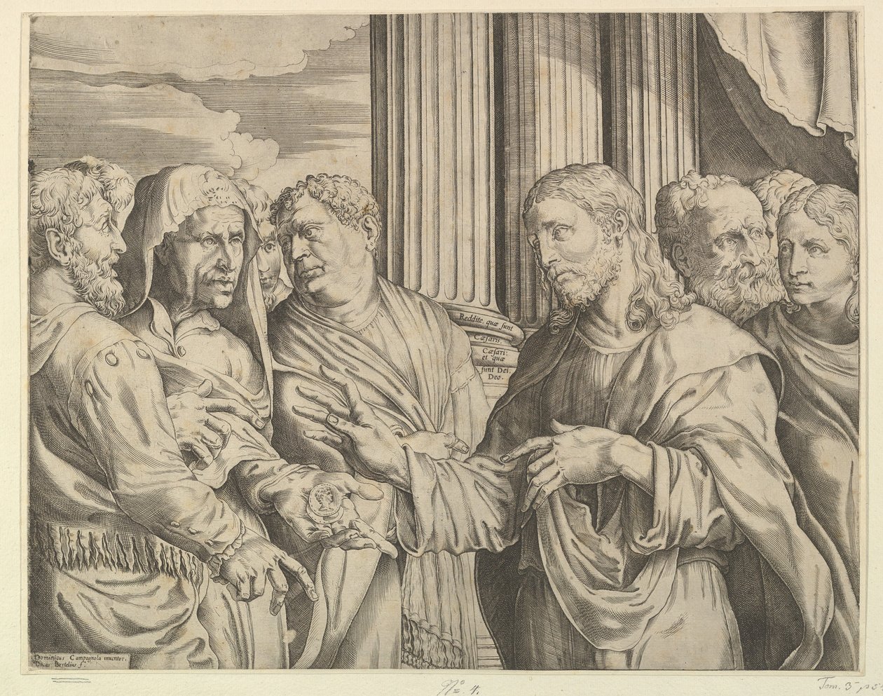 Pieniądze z hołdu: Chrystus pośrodku po prawej, wskazujący na mężczyznę po lewej z monetami..., ok. godz. 1564-89. autorstwa Domenico Campagnola