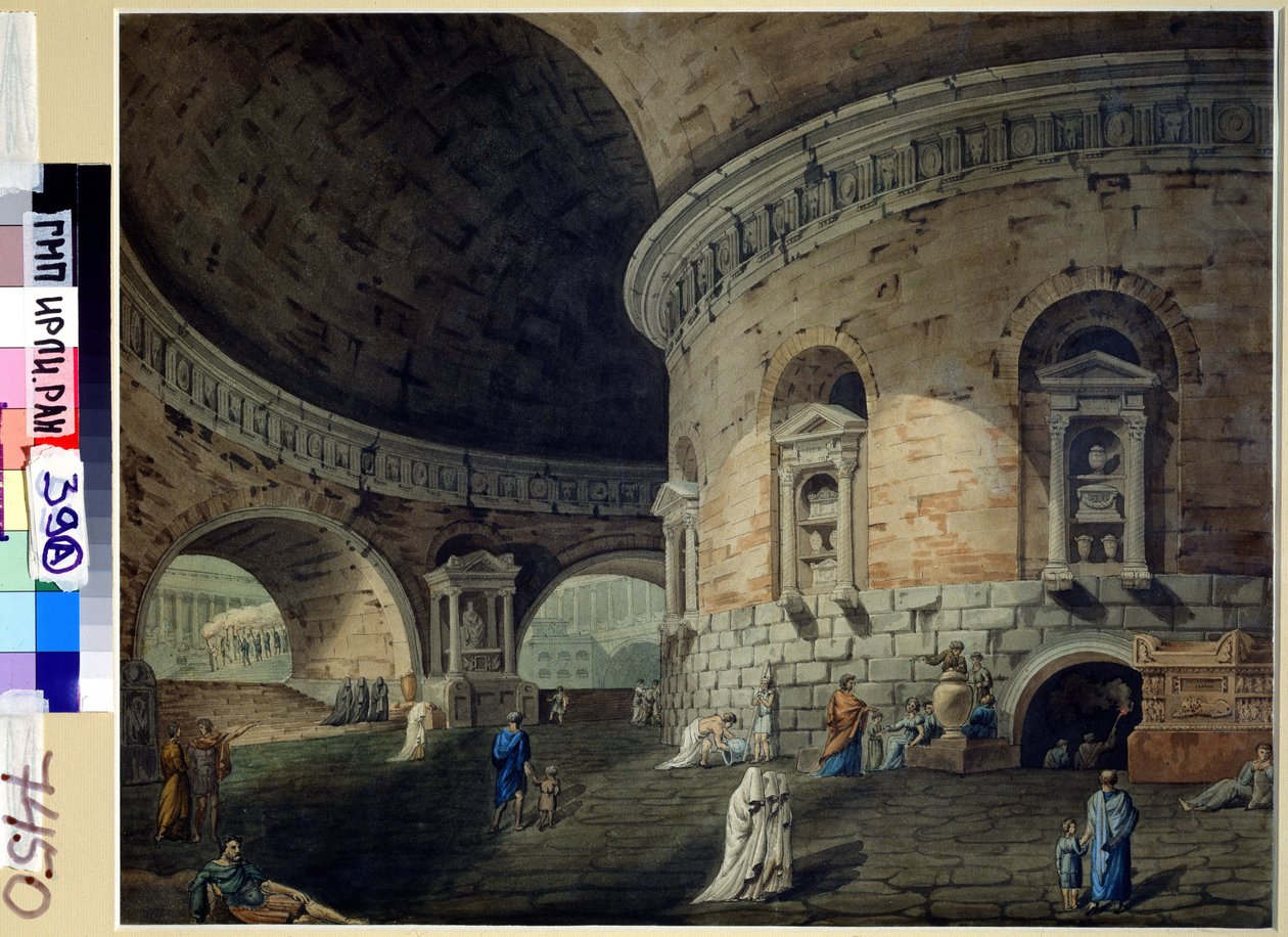Scenografia do spektaklu. Scenografia do spektaklu teatralnego. Obraz Domenico Corsiniego (1812-1873), początek XIX wieku. Sztuka włoska. Akwarela na papierze. Rosyjskie Państwowe Archiwum Literatury i Sztuki, Moskwa autorstwa Domenico Corsini