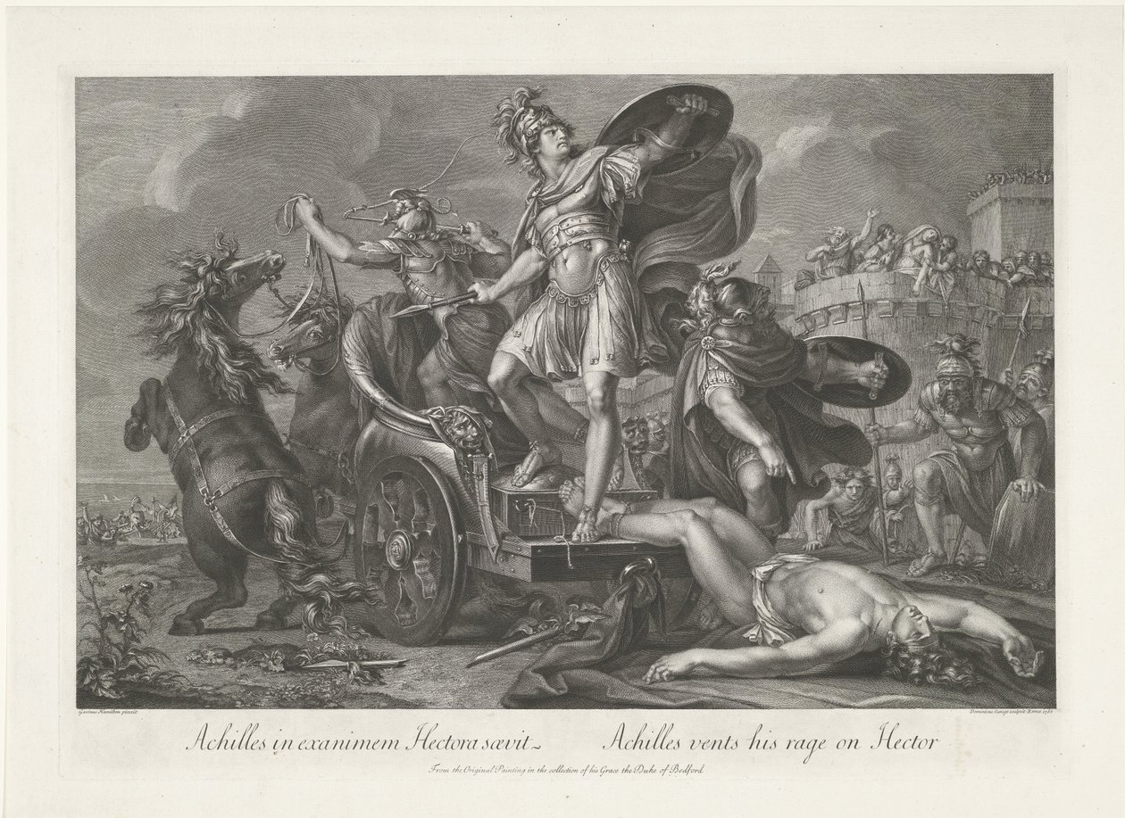Achilles ciągnie zwłoki Hectora za swoim rydwanem Achilles in exanimem Hectora saevit / Achilles wyładowuje swoją wściekłość na Hektorze (tytuł na obiekcie) autorstwa Domenico Cunego