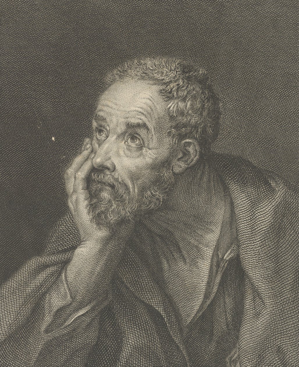 Stary brodaty mężczyzna opierający głowę na prawej ręce i patrzący w górę w lewo, na rufie..., 1775. autorstwa Domenico Cunego