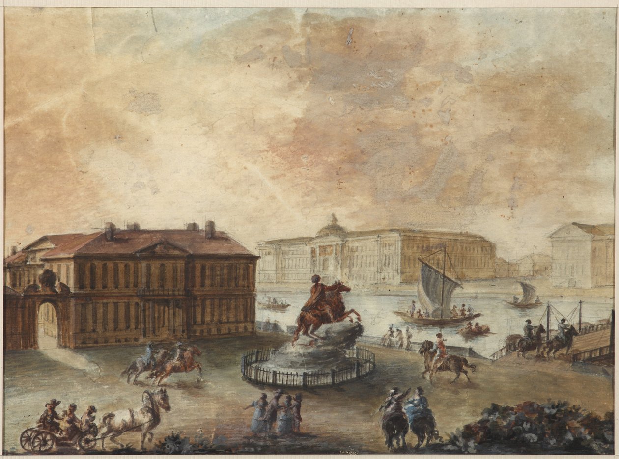 Konny pomnik Piotra Wielkiego na Placu Senackim (place de Senat, place des decembristes ouplace de Pierre) - Domenico Felice Lamoni (1745-1830). Akwarela i biały kolor na papierze, po 1782 r. Państwowe Muzeum Historii Sankt Petersburga autorstwa Domenico Felice Lamoni