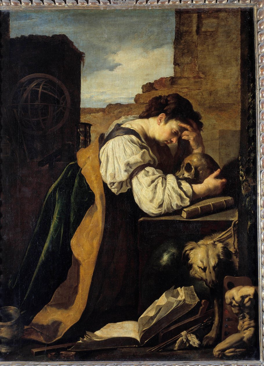 Melancholia Smutna młoda kobieta pochyla się nad głową czaszki, za nią sfera armilarna. Obraz (Próżność) autorstwa Domenico Feti (1589-1624) Nd. 1,71x1,28m. autorstwa Domenico Feti
