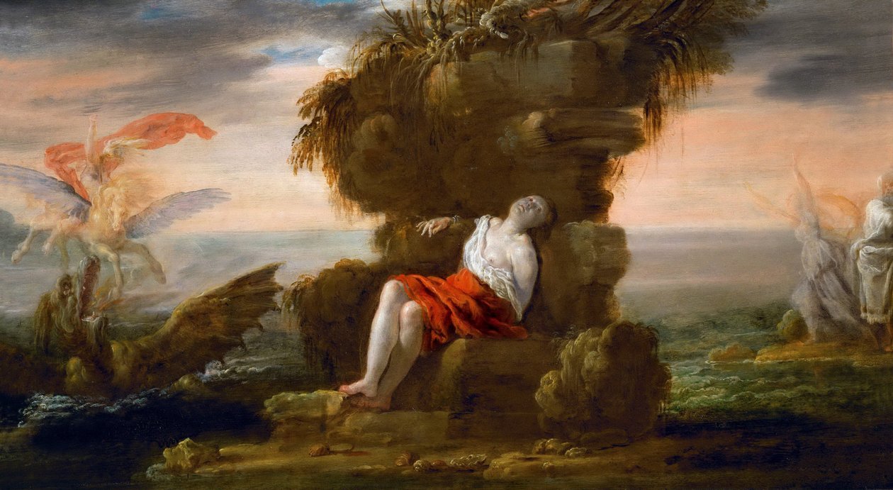 Barok : Persee liberant Andromede - Perseus Freeing Andromeda par Fetti, Domenico (1588/90-1623), ok. 1930 1621. Olej na drewnie, 40,5x72,5. Muzeum Historii Sztuki, Wiedeń autorstwa Domenico Fetti or Feti