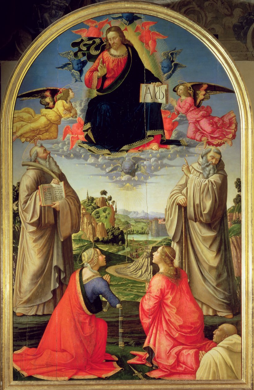 Benedykt (ok. 480-547), św. Romuald (ok. 952-1027), św. Attyna, św. Grecyna i ofiarodawca, opat Buonvicini, 1492 (panel) (szczegóły zob. 85138) autorstwa Domenico Ghirlandaio