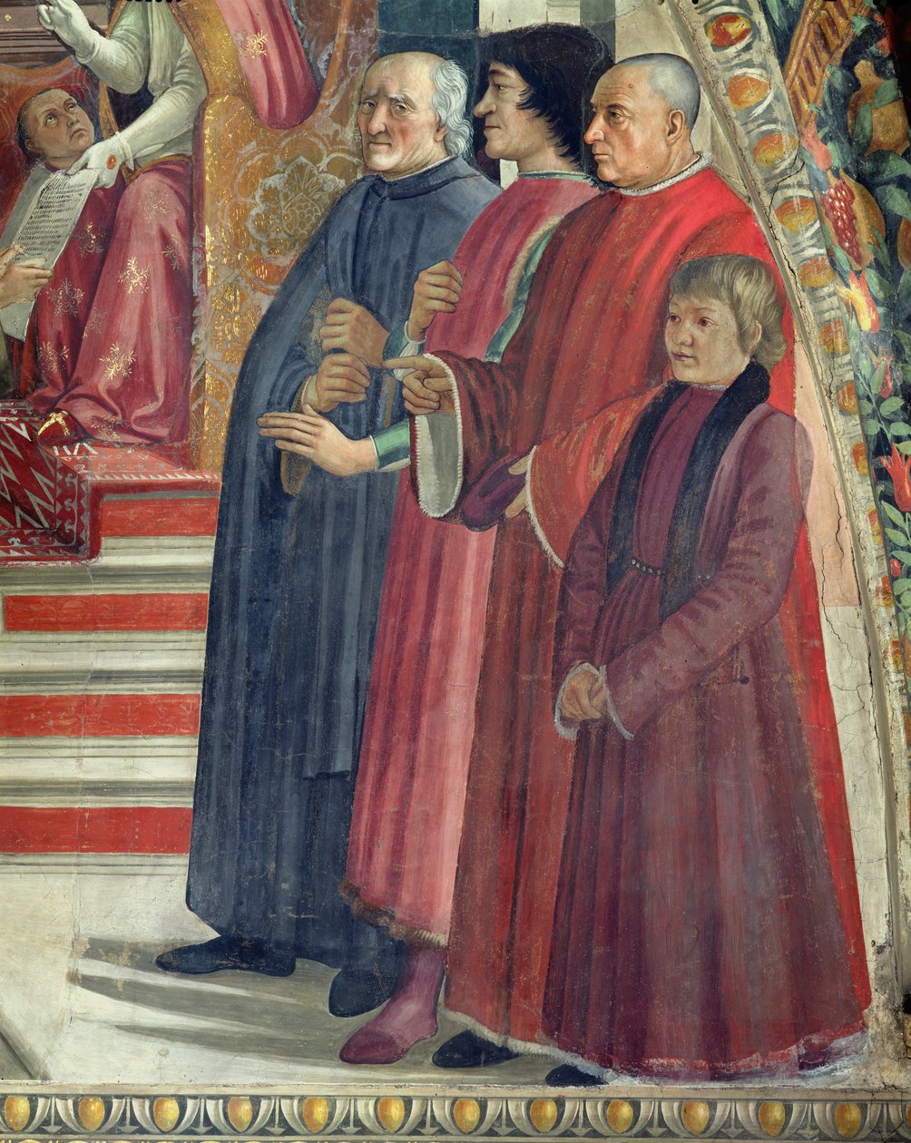 Fragment otrzymania przez św. Franciszka Reguły Zakonu od papieża Honoriusza, scena z cyklu Żywot św. Franciszka z Asyżu, 1486 (detal z 85235) autorstwa Domenico Ghirlandaio