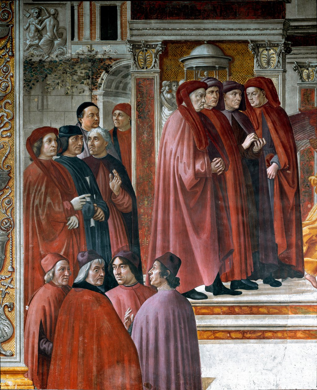 Ogłoszenie w Zachariaszu (Zaccharia) Poniżej po lewej stronie znajdują się myśliciele i intelektualiści Marsile Ficin (Ficino), Cristoforo Landino, Angelo Poliziano i Demetrios Chalkondyles (Calcondila). Szczegół. Fresk Domenico di Tommaso Bigordi dit Ghir autorstwa Domenico Ghirlandaio