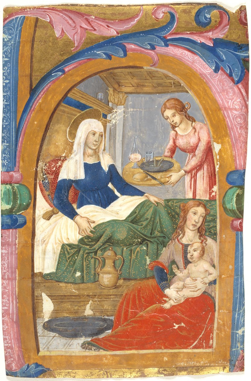 Narodziny Dziewicy w inicjale H autorstwa Domenico Ghirlandaio