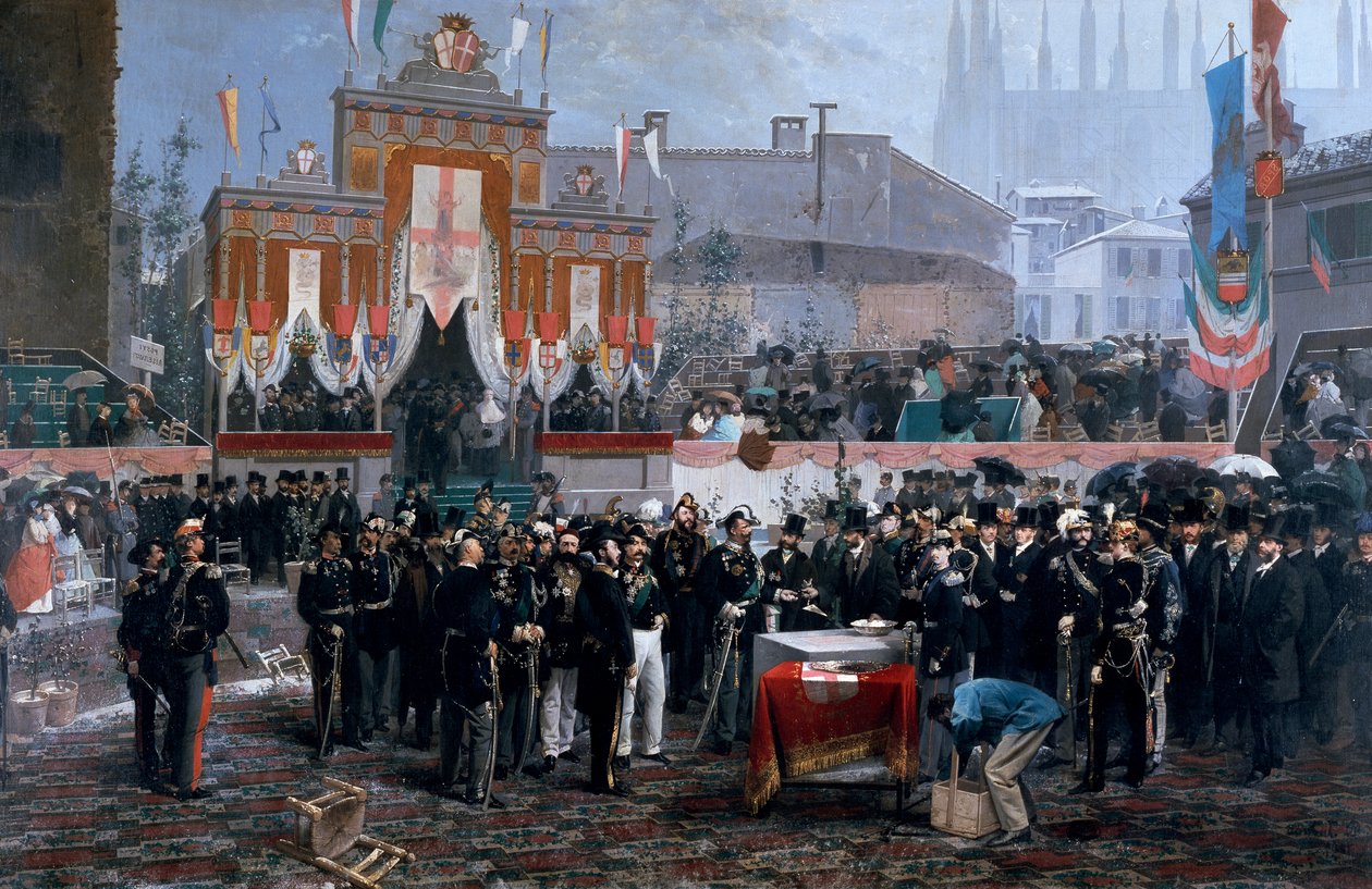 Ceremonia wmurowania kamienia węgielnego pod Galerię Wiktora Emanuela II w Mediolanie, 7 marca autorstwa Domenico Induno