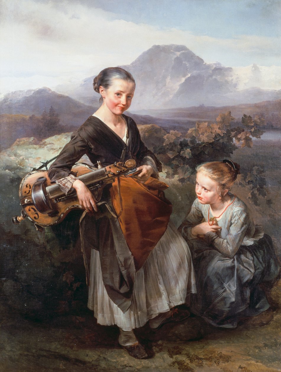 Kobieta grająca na lirze korbowej, reż. Domenico Induno (1815-1878), olej na płótnie autorstwa Domenico Induno