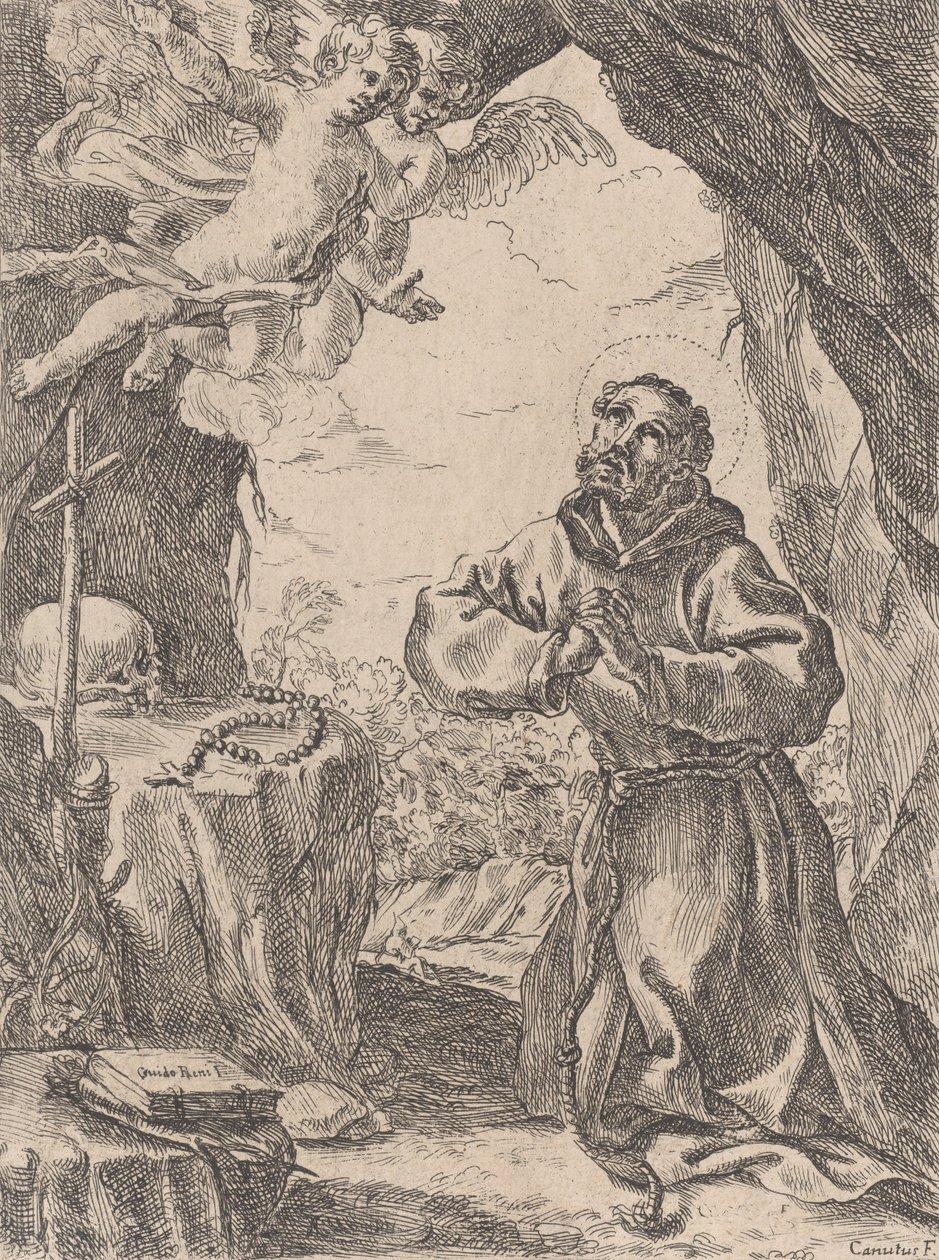 Święty Franciszek z Asyżu klęczący przed krucyfiksem z dwoma aniołami w lewym górnym rogu, 1643-44. autorstwa Domenico Maria Canuti